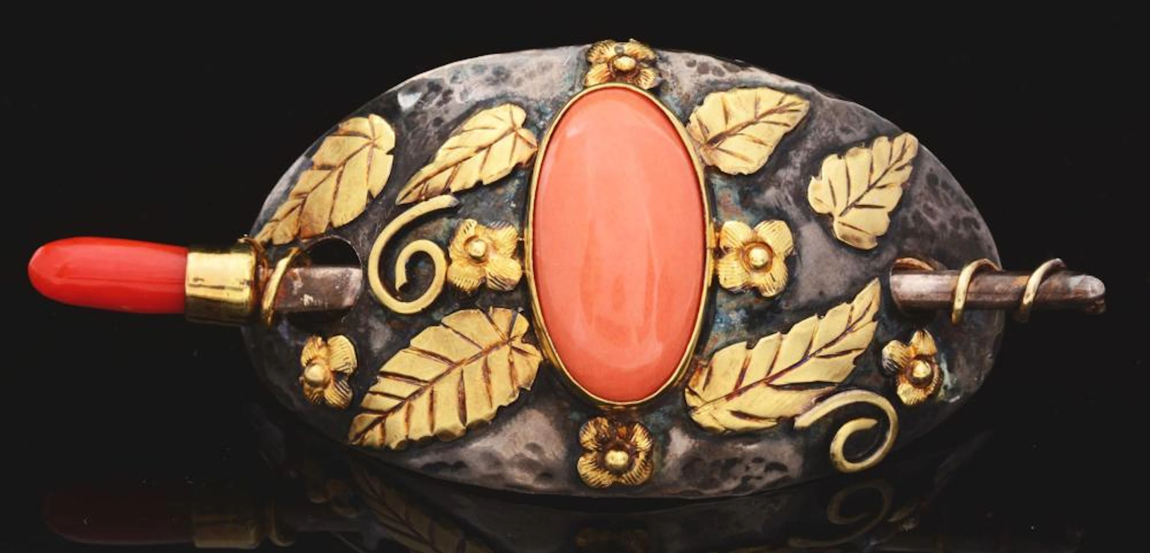 14K Gold & Sterling Silver Coral Broach.