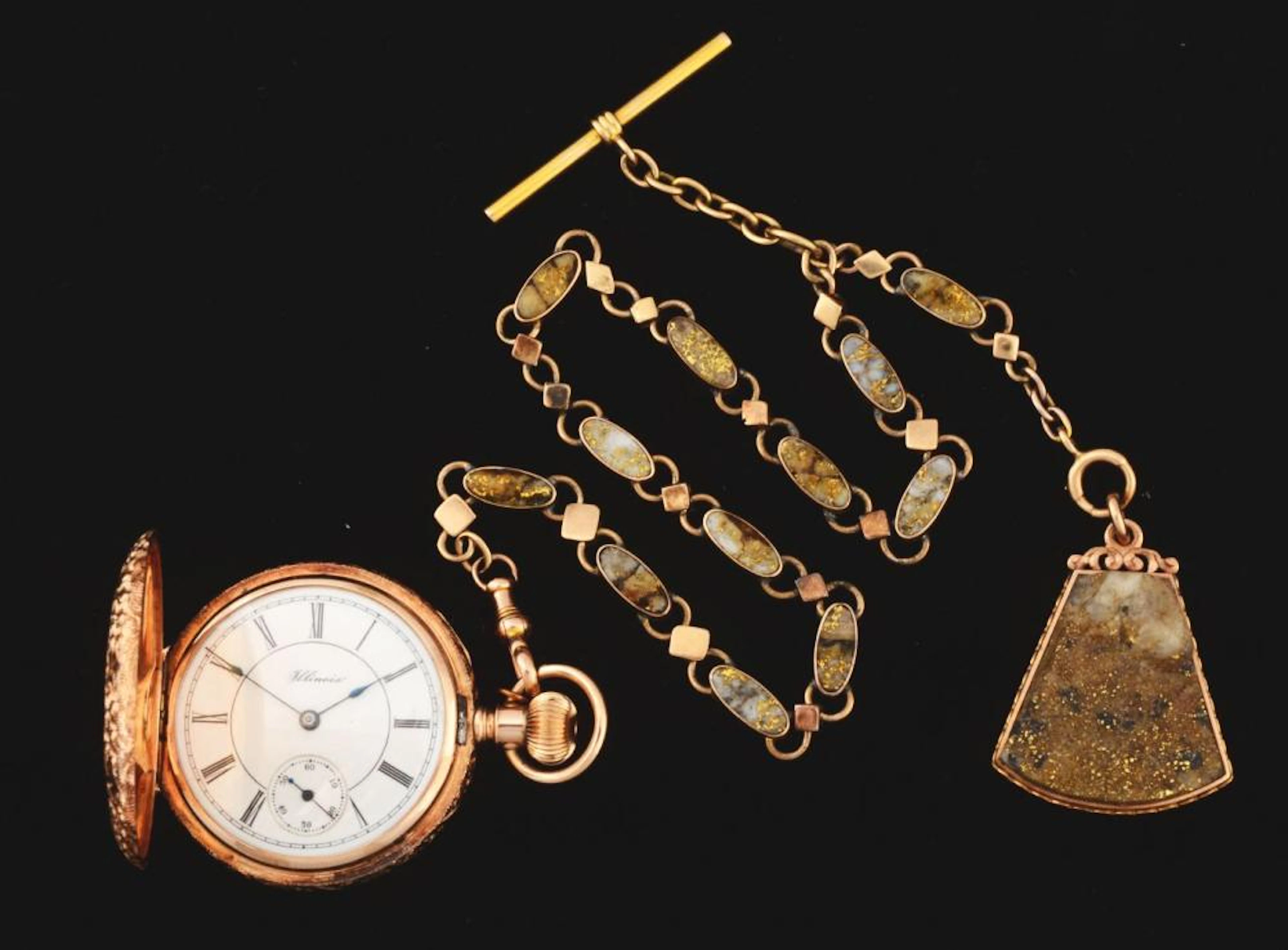 14K Rose Illinois Pocket Watch w/California Gold Quartz Chain & Fob.