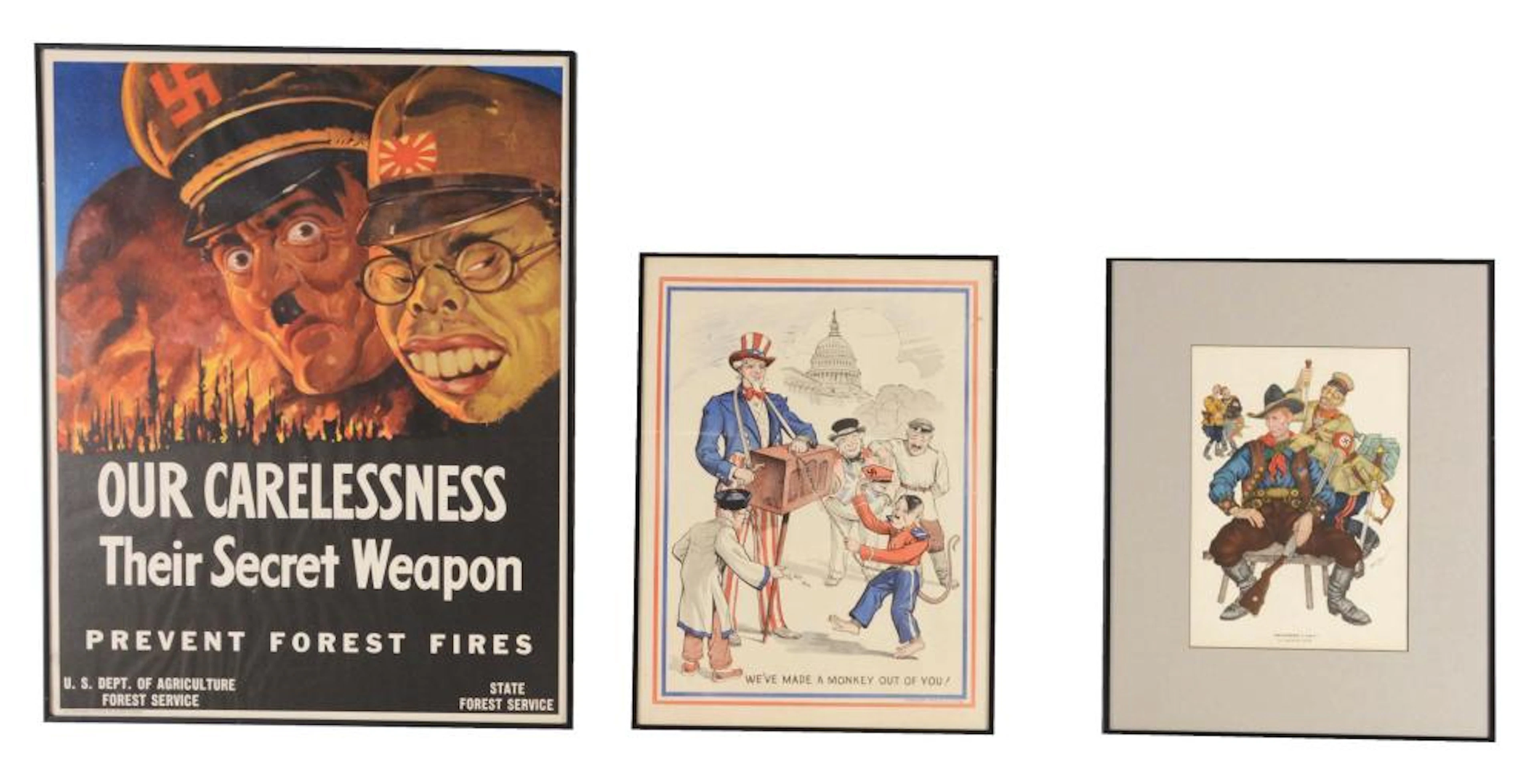 LOT OF 3: WORLD WAR II POSTERS FEATURING HITLER, MUSSOLINI, HIROHITO.