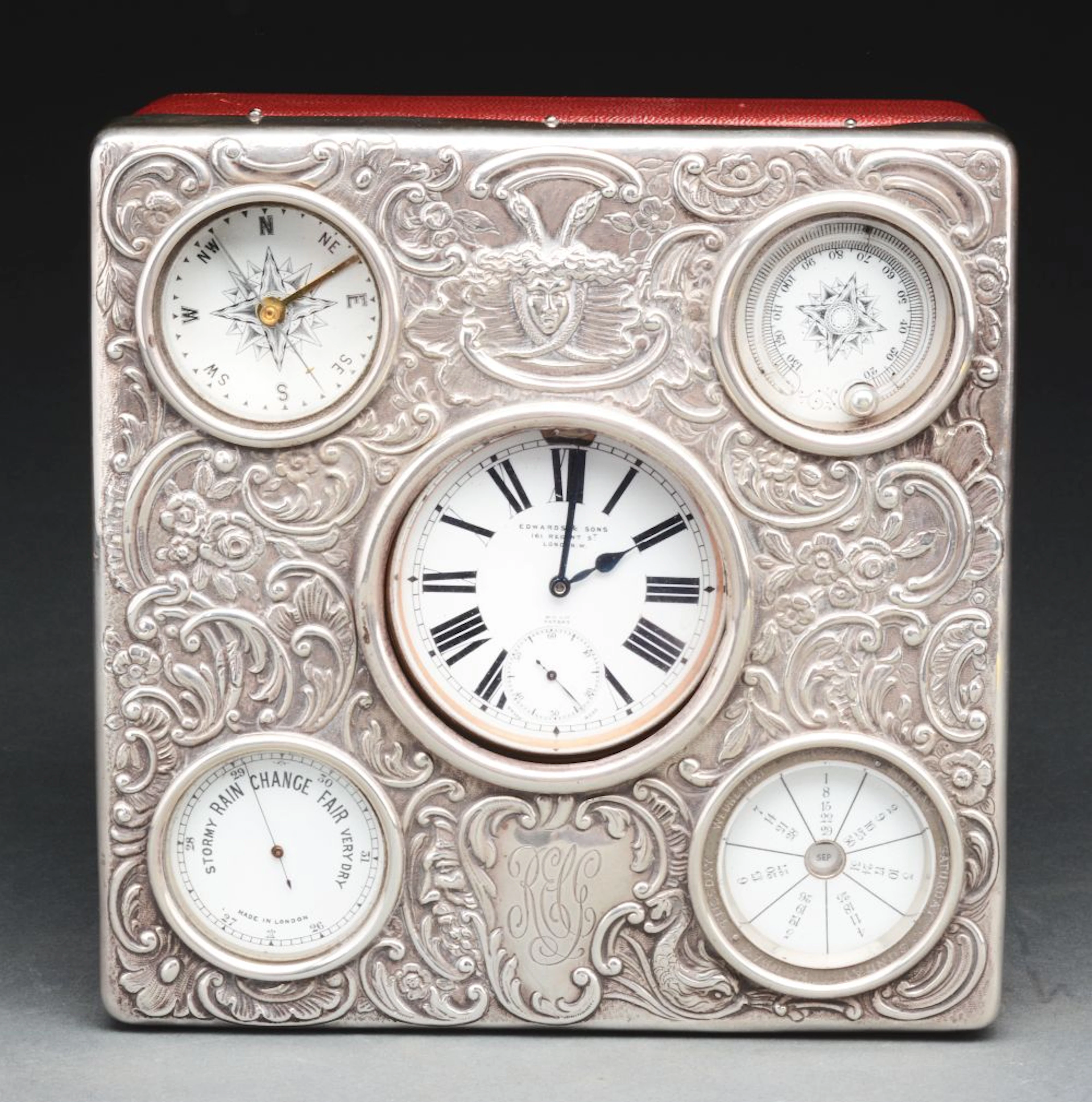Silver Box with Compass & Pocket Watch.
