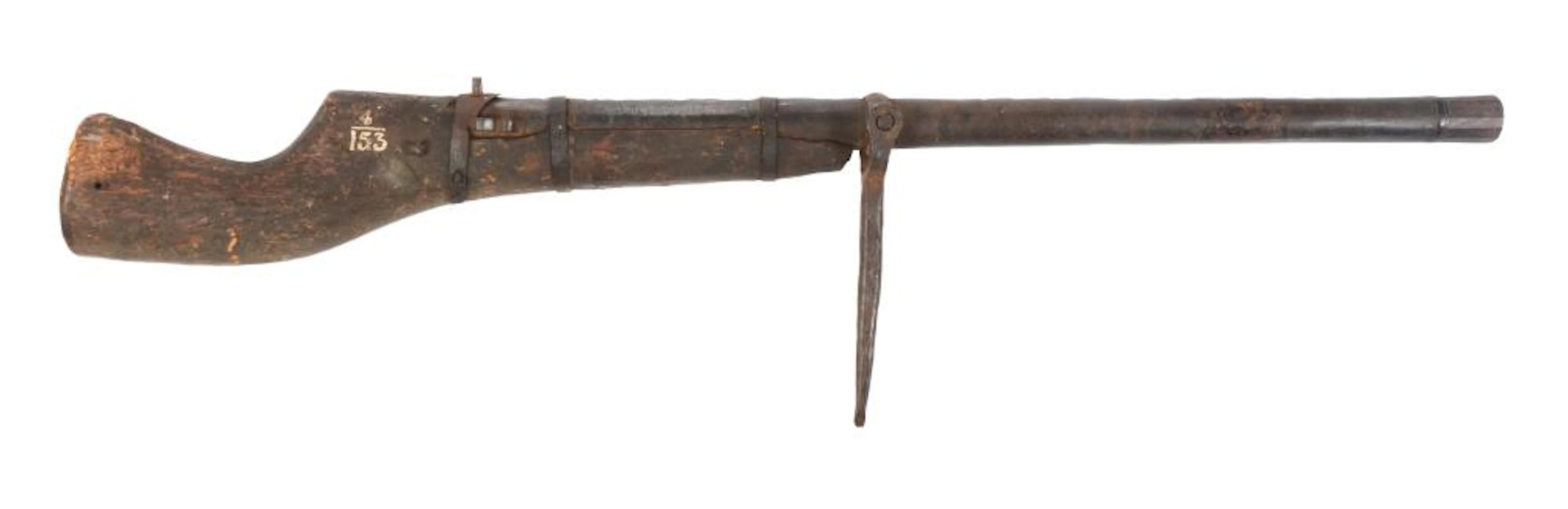 A MASSIVE AND UNUSUAL INDIAN MATCHLOCK BARREL NOW MOUNTED AS A BOAT GUN.