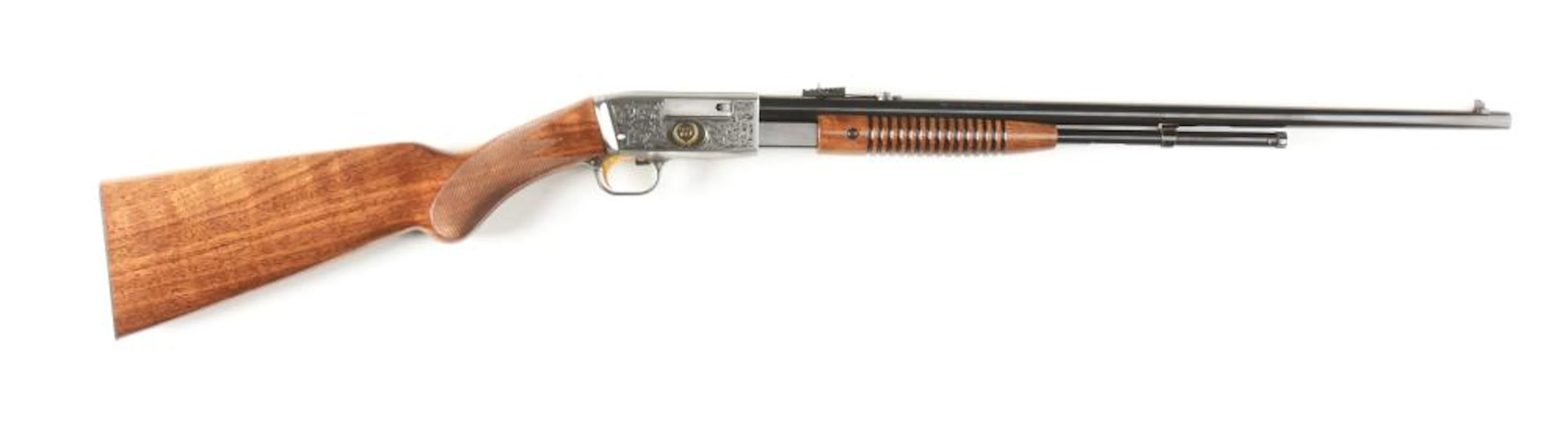 (M) BOXED BELGIAN BROWNING 75TH ANNIVERSARY TROMBONE SLIDE ACTION RIFLE.