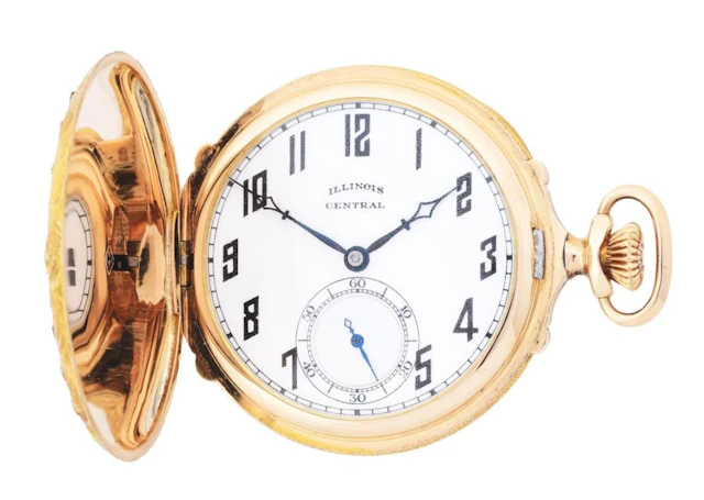 14K GOLD ILLINOIS CENTRAL MULTICOLOR H/C POCKET WATCH W/BIRDS & FLOWERS