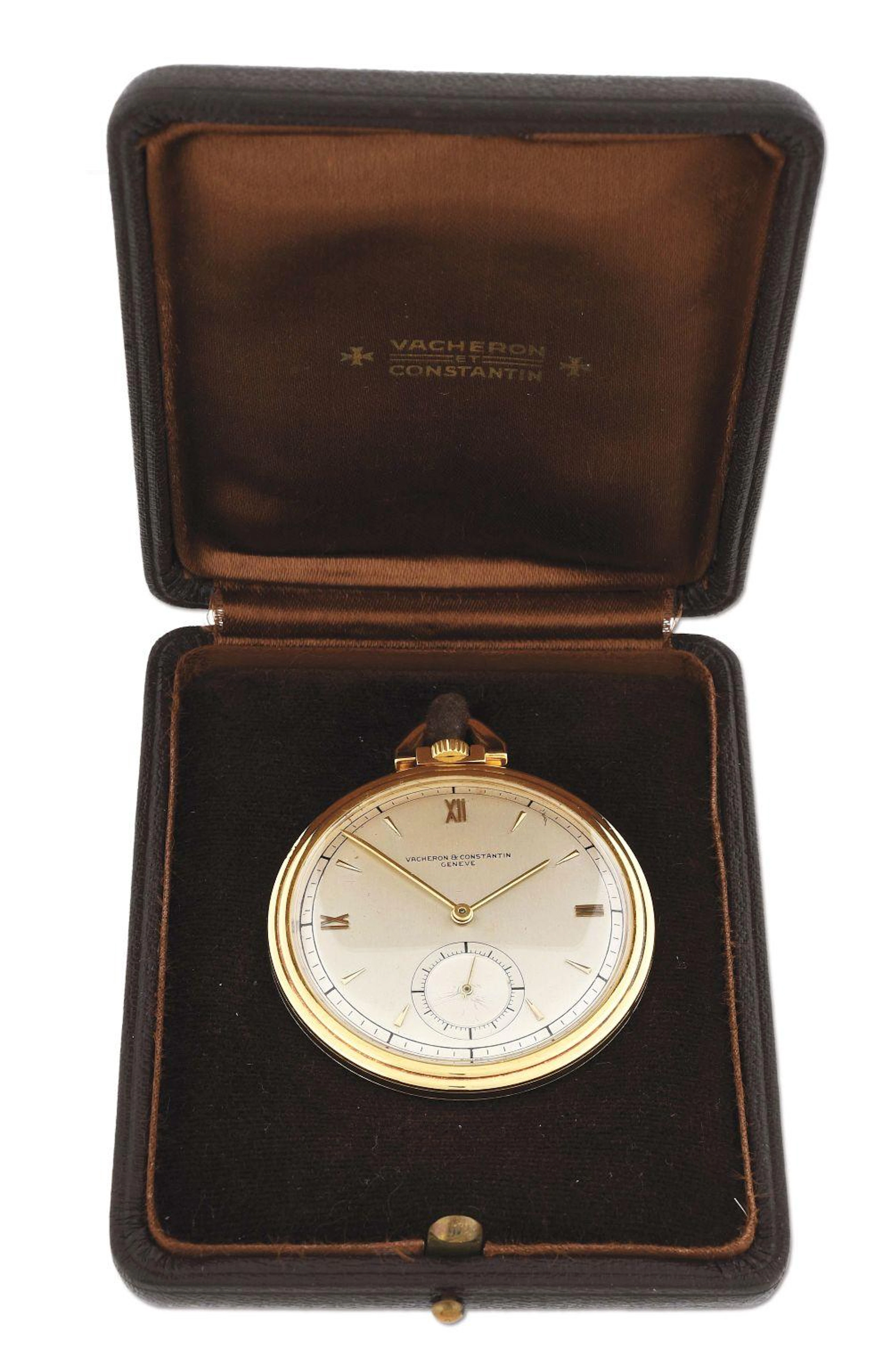 18K GOLD VACHERON & CONSTANTIN SLIM O/F POCKET WATCH W/ORIGINAL BOX.