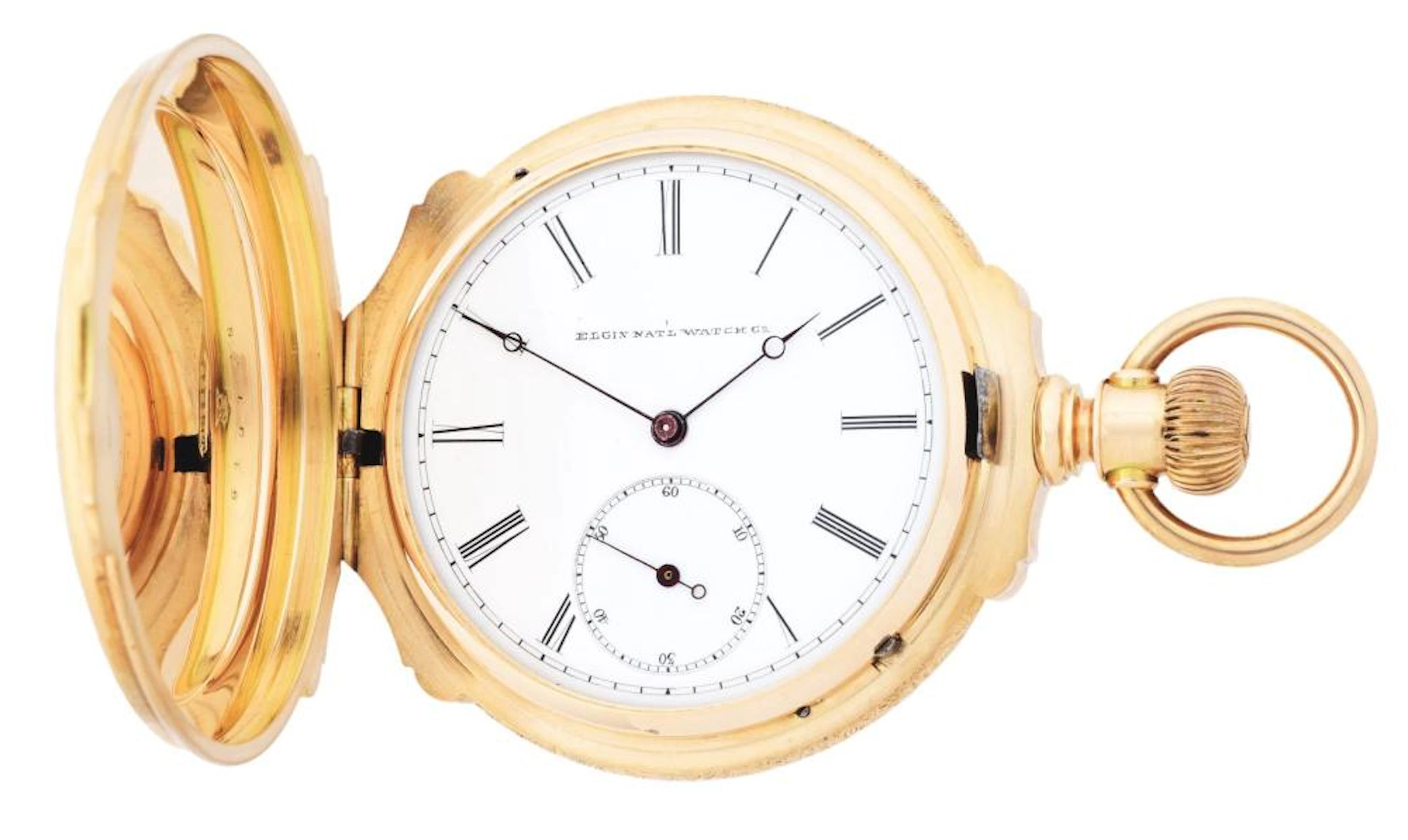 14K GOLD ELGIN 50 BOX HINGE H/C POCKET WATCH W/STAG.