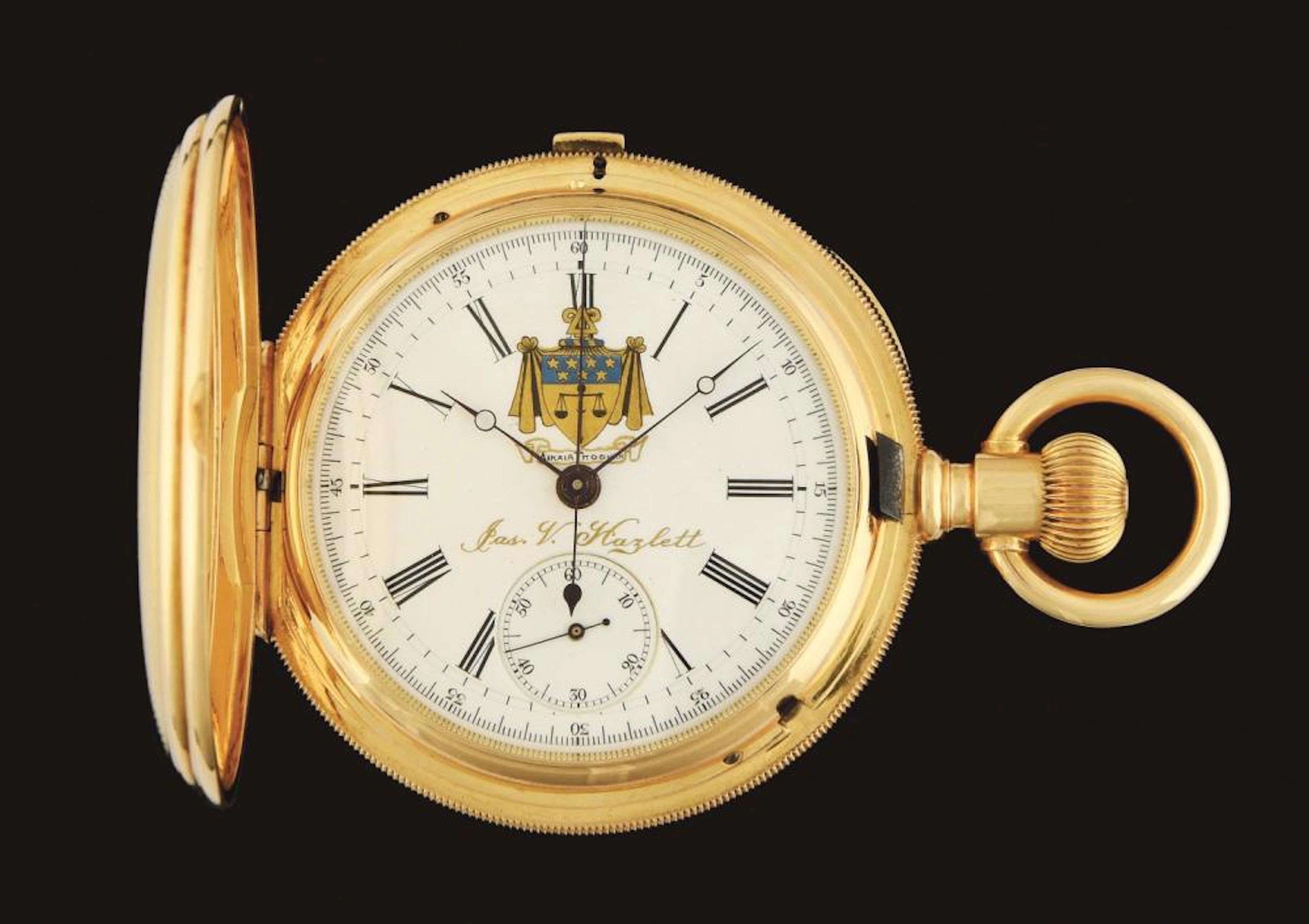 18K GOLD JJ BADOLLET & CO SWISS CHRONOGRAPH H/C POCKET WATCH.