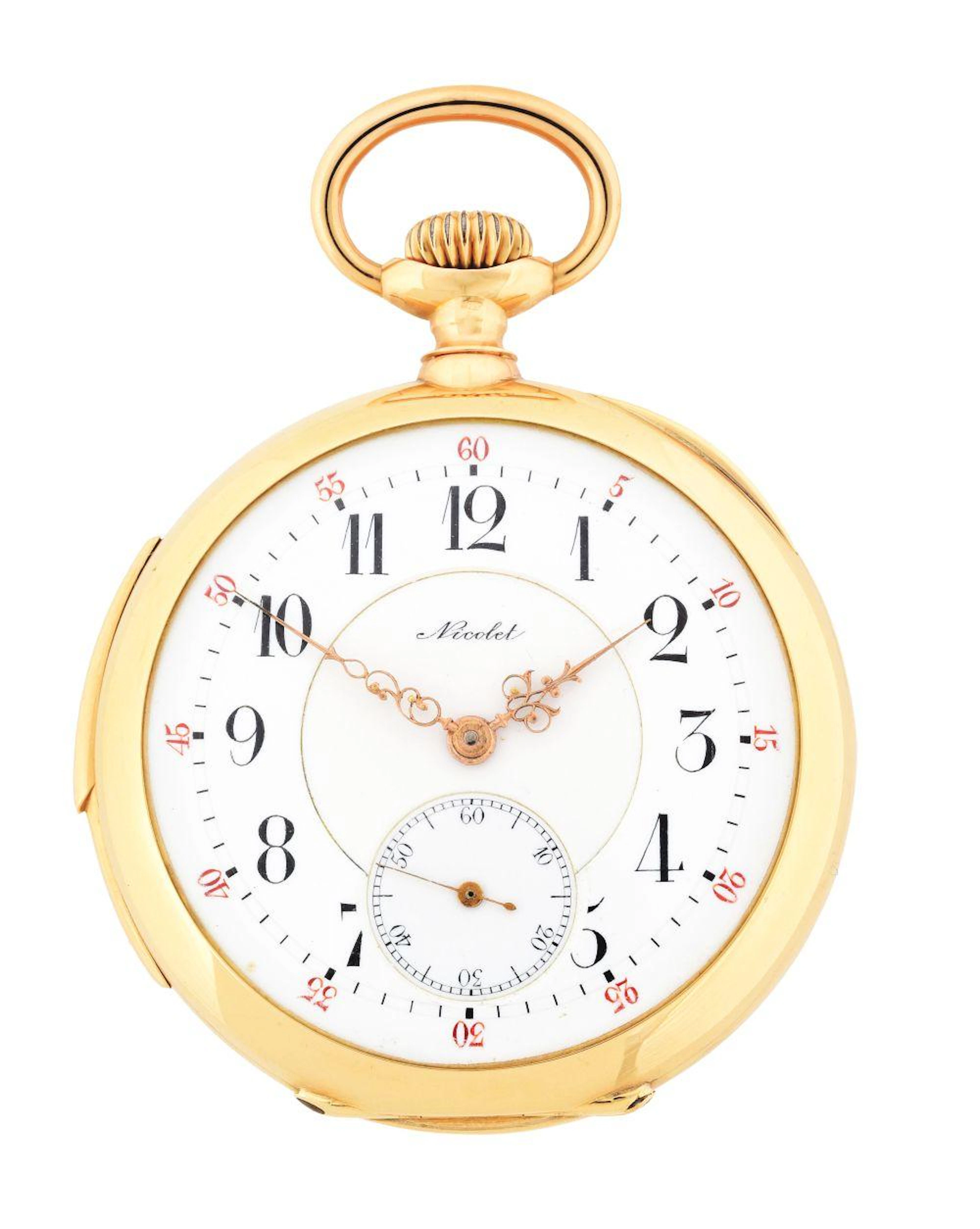 18K GOLD NICOLET SWISS MINUTE REPEATING O/F POCKET WATCH.