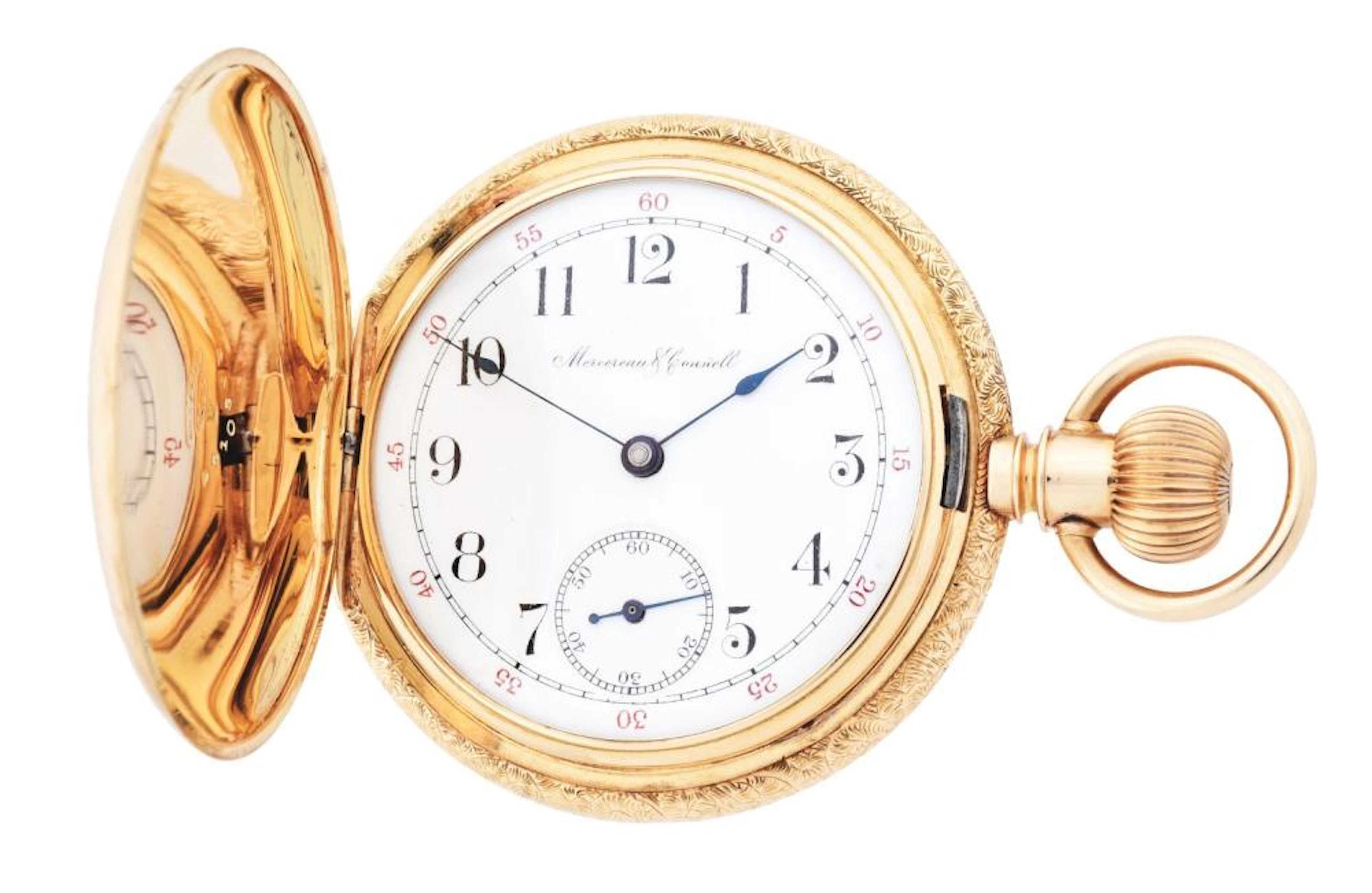 RARE 14K GOLD MERCEREAU & CONNELL H/C POCKET WATCH W/PRESENTATION.