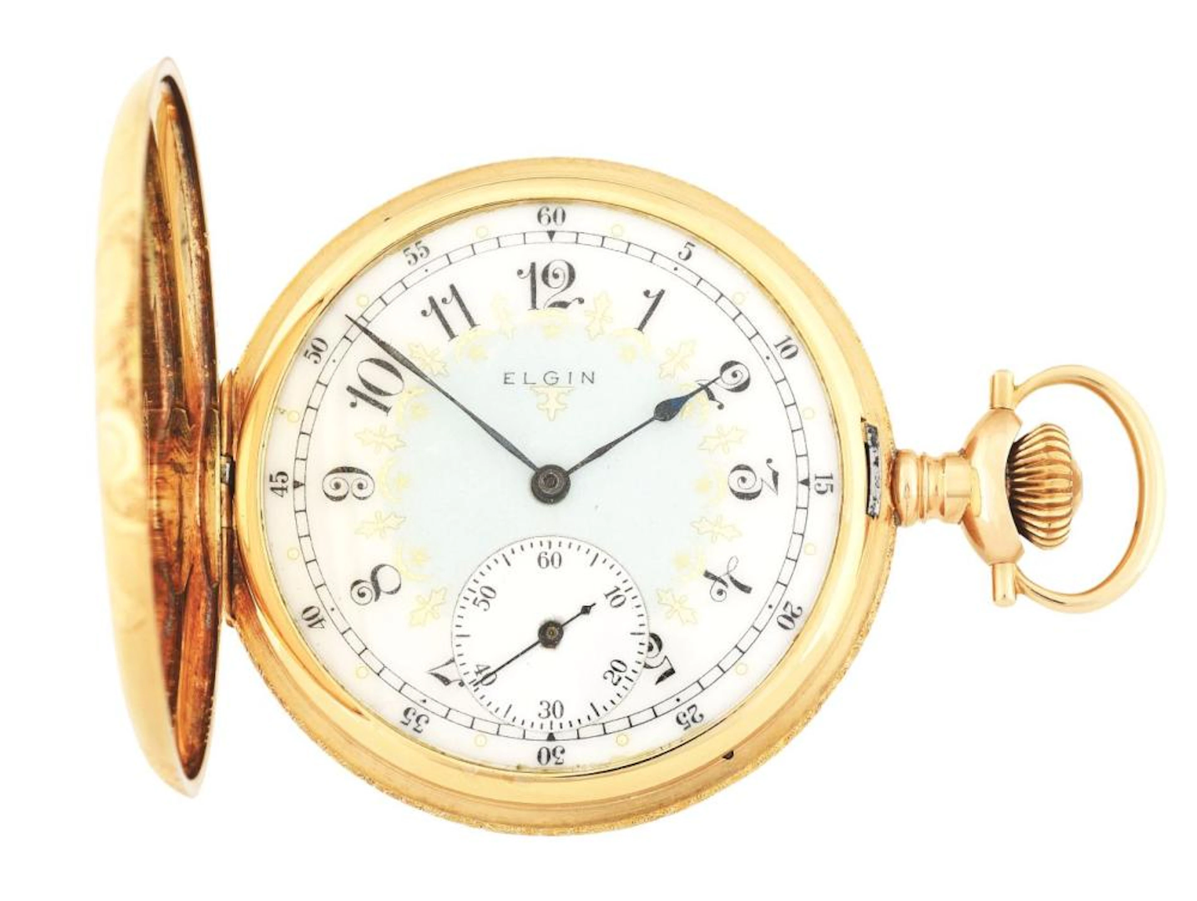 FANCY 14K GOLD ELGIN 383 MULTICOLOR H/C POCKET WATCH W/BIRDS CIRCA 1911.