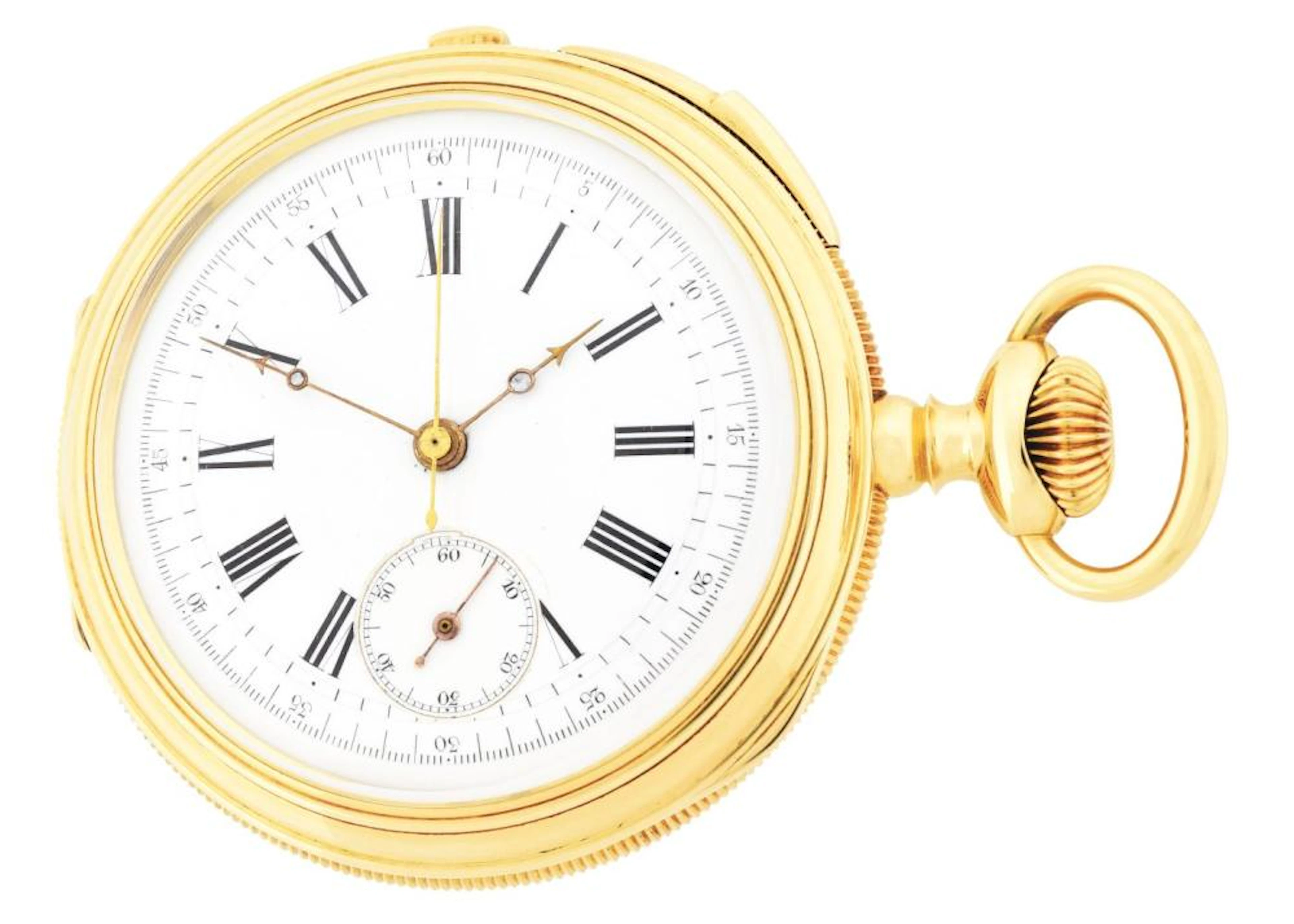 18K GOLD A. LUGRIN, NYC, QUARTER-HOUR REPEATING CHRONOGRAPH O/F POCKET WATCH.