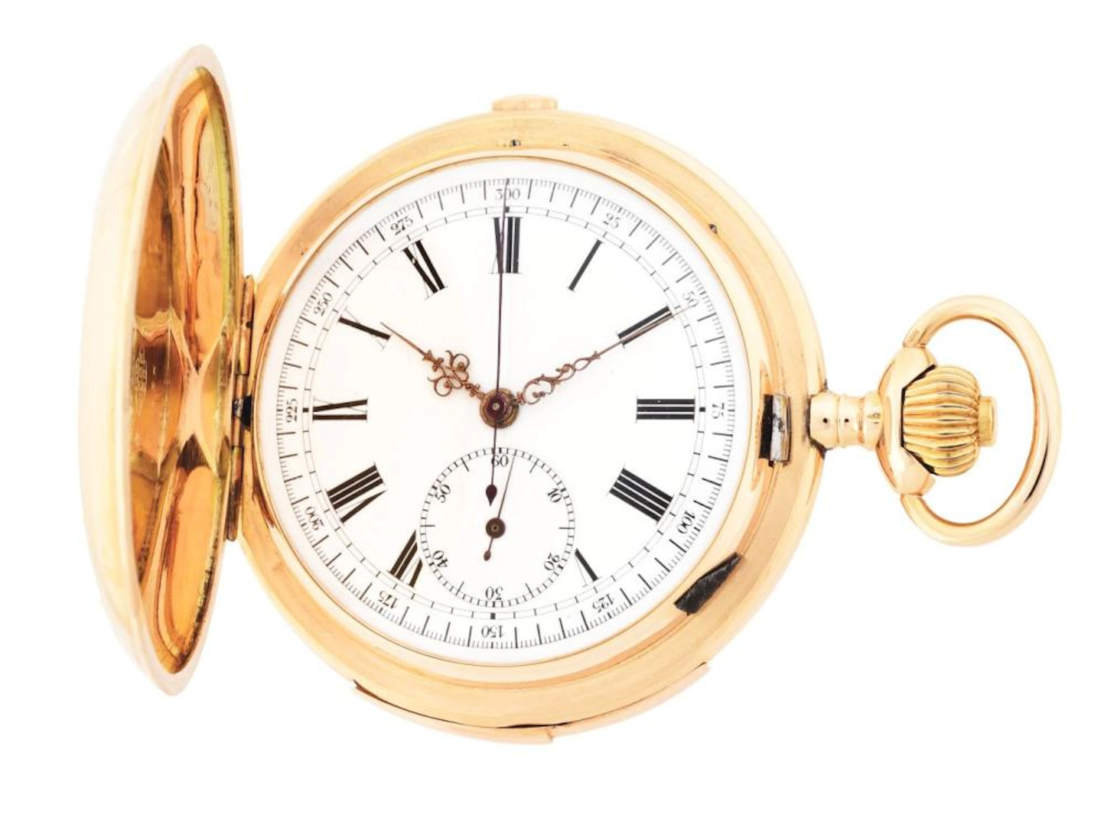 14K GOLD SWISS MINUTE REPEATER CHRONOGRAPH H/C POCKET WATCH, CIRCA 1890'S.