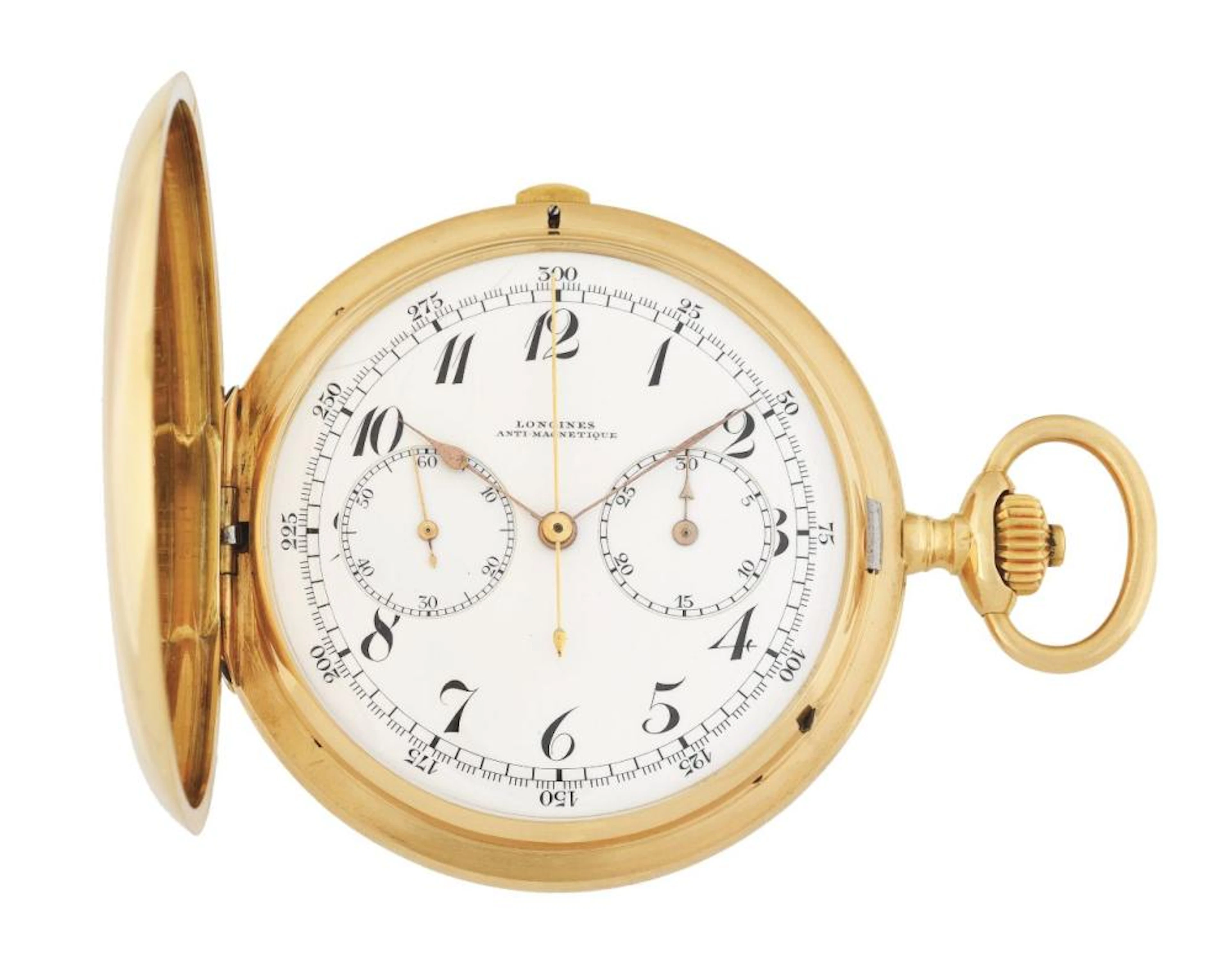 18K GOLD LONGINES ANTI-MAGNETIQUE CHRONOGRAPH H/C POCKET WATCH.