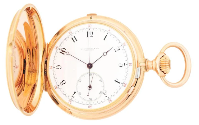 18K PINK GOLD TIFFANY & CO SWISS CHRONOGRAPH H/C POCKET WATCH.