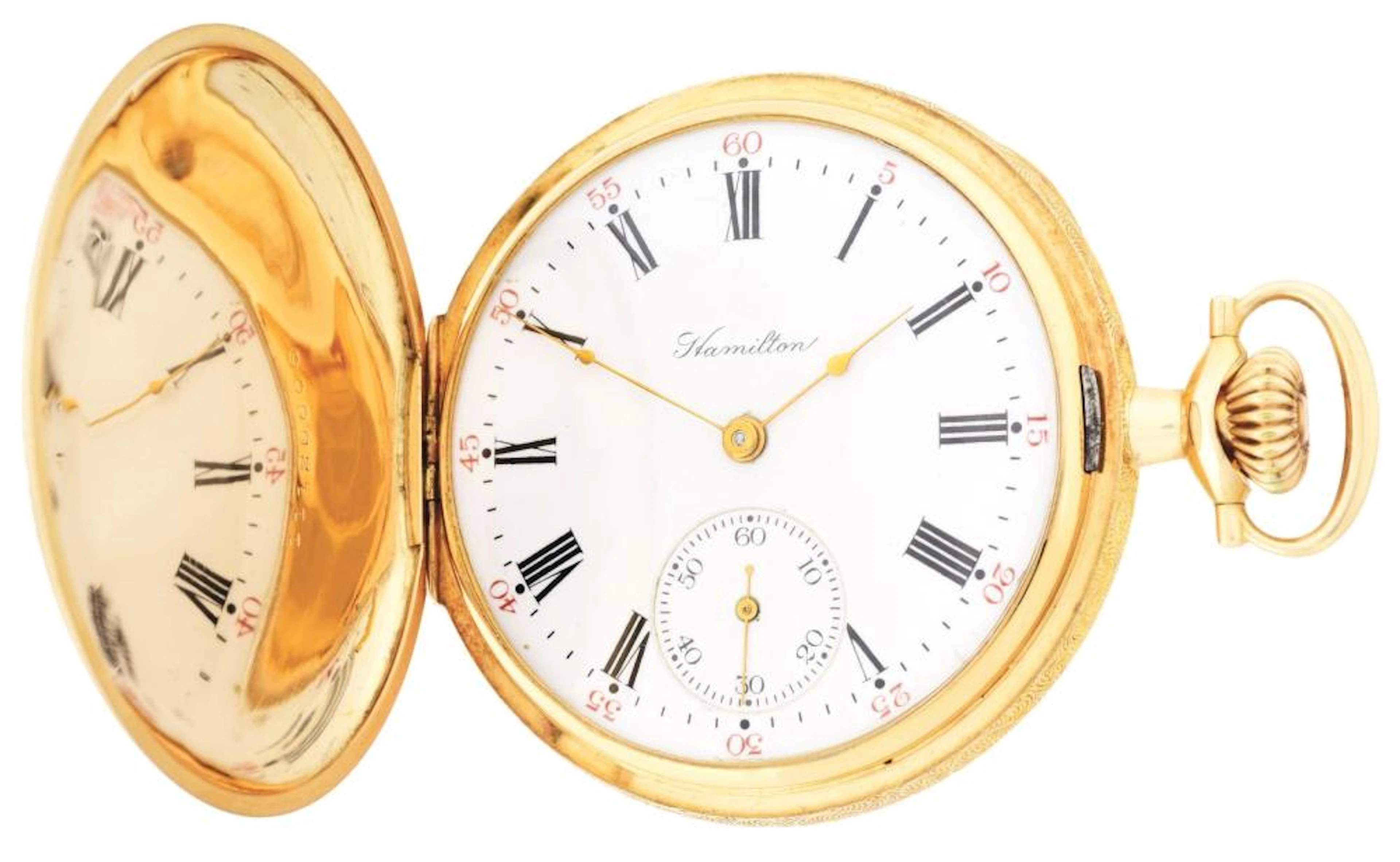 14K GOLD HAMILTON 975 H/C POCKET WATCH W/VILLA & FLOWERS.