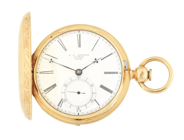 18K GOLD E. D. JOHNSON, LONDON, FUSEE CHRONOMETER H/C POCKET WATCH W/KEY.