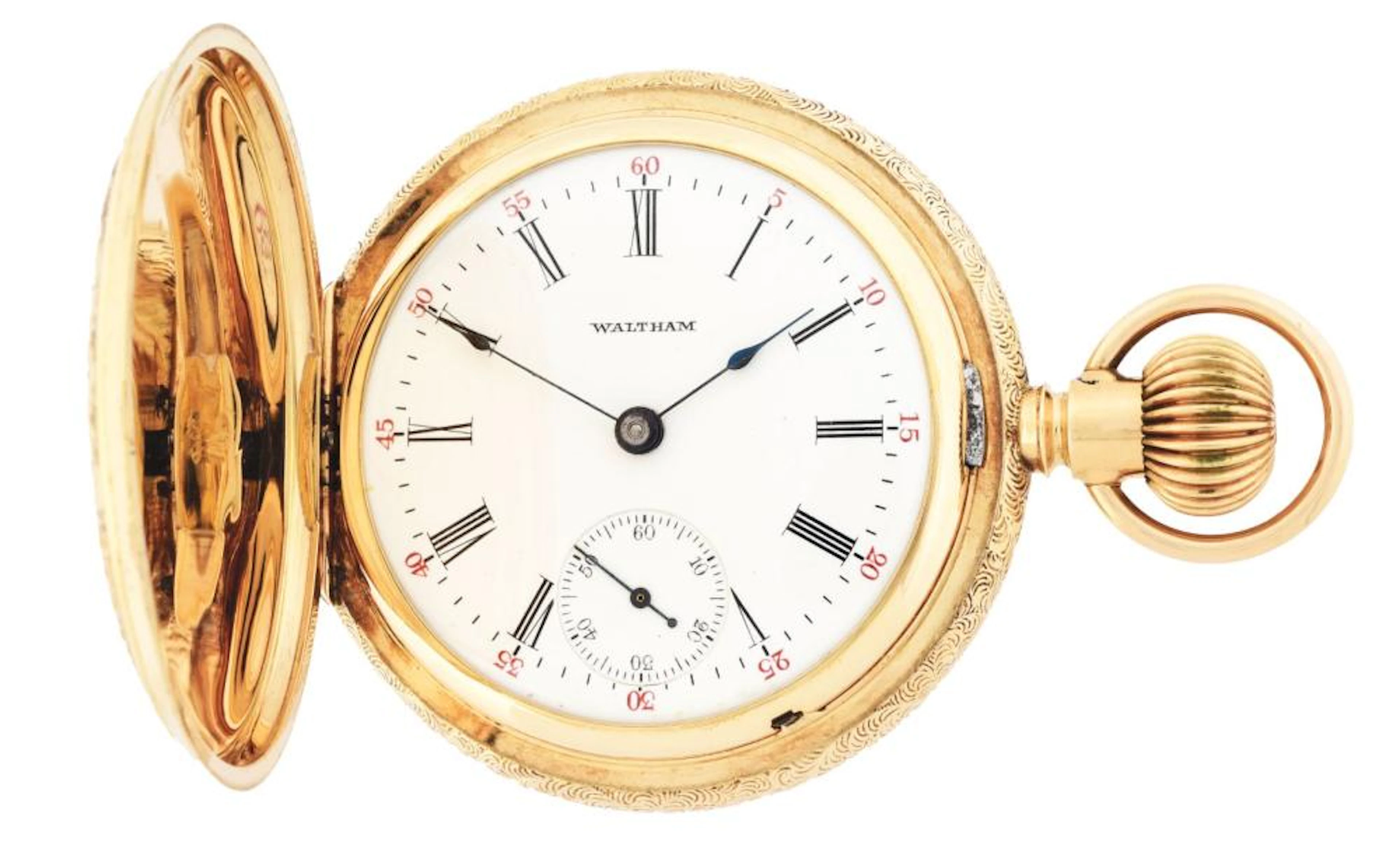 14K GOLD WALTHAM H/C POCKET WATCH W/HEARTS, CIRCA 1906.