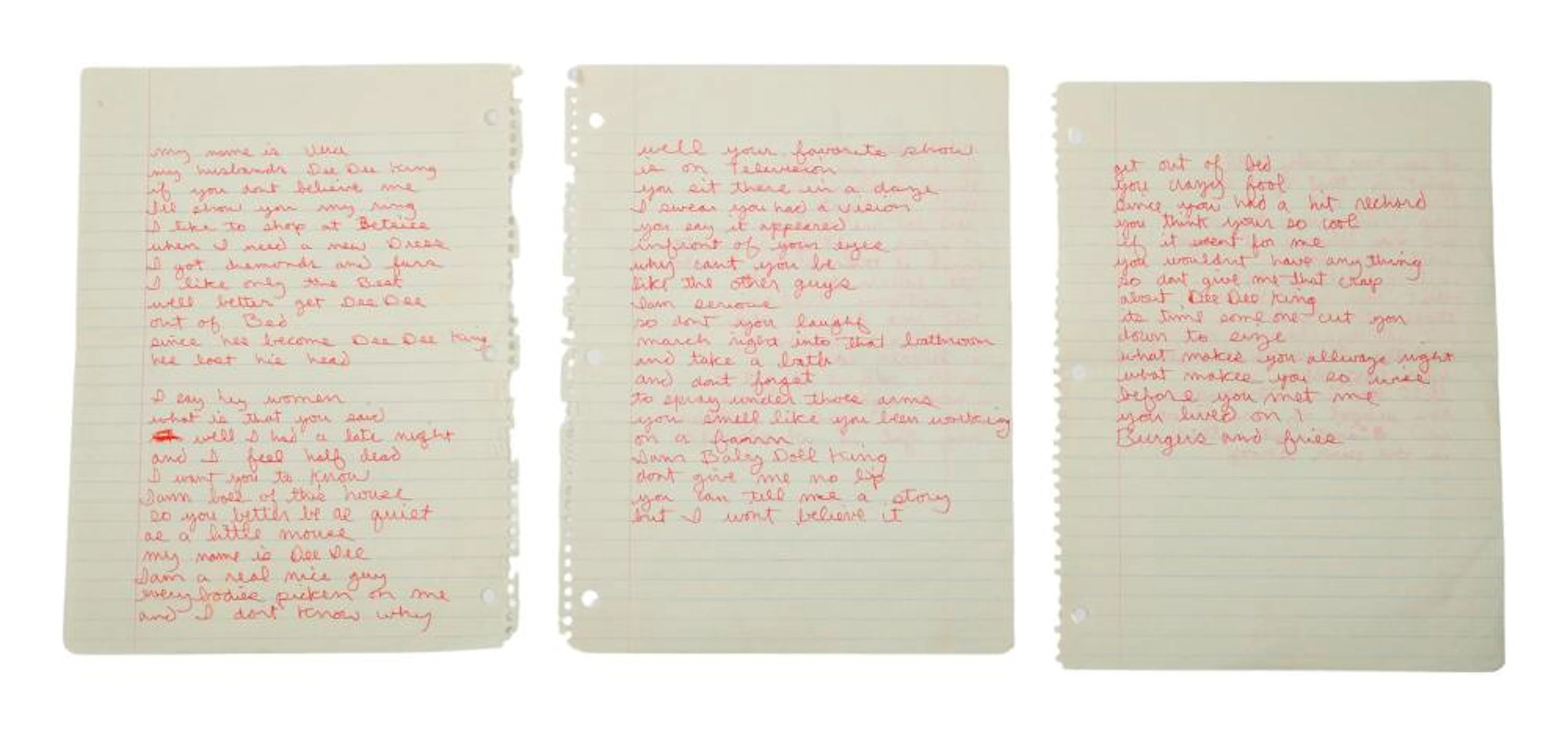 DEE DEE KING | HANDWRITTEN "ROCK THE BOAT" LYRICS