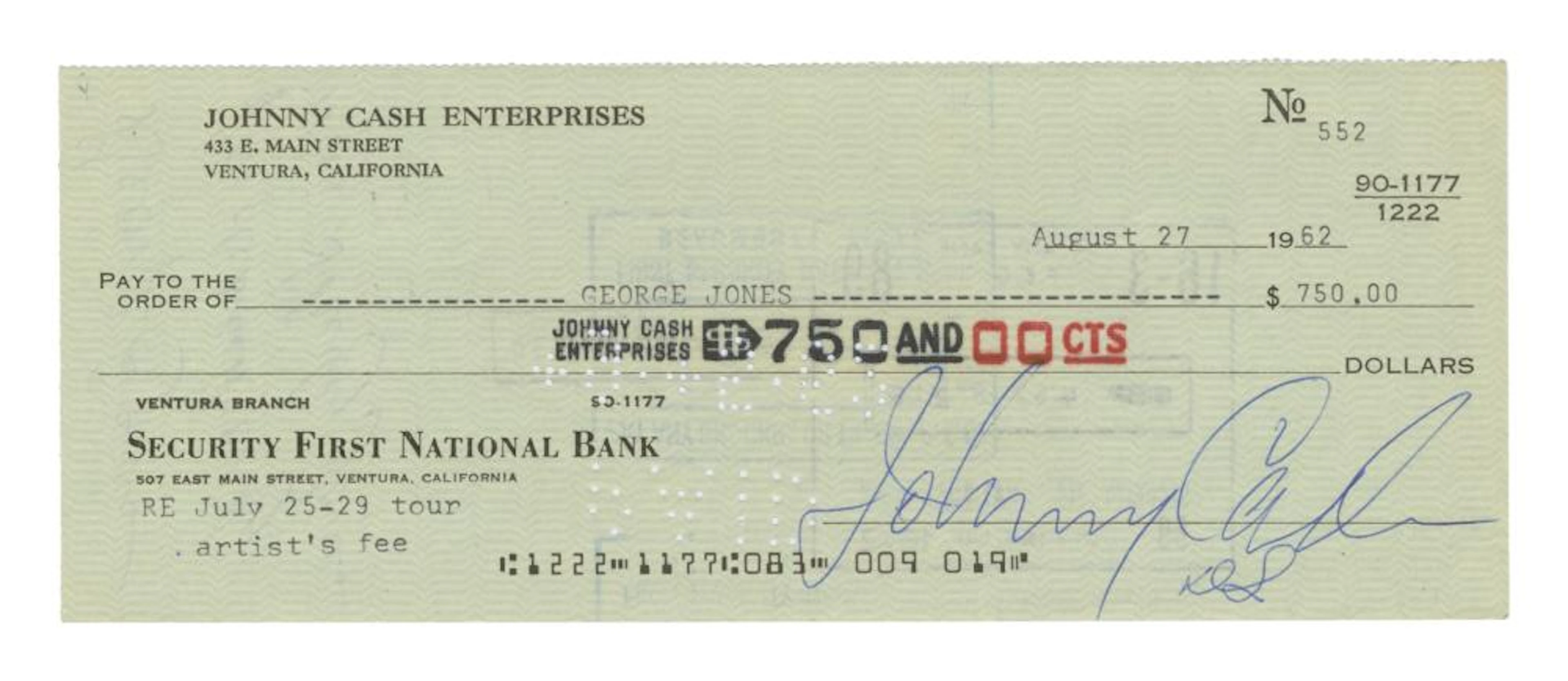 JOHNNY CASH | SIGNED AUGUST 27, 1962 GEORGE JONES CHECK