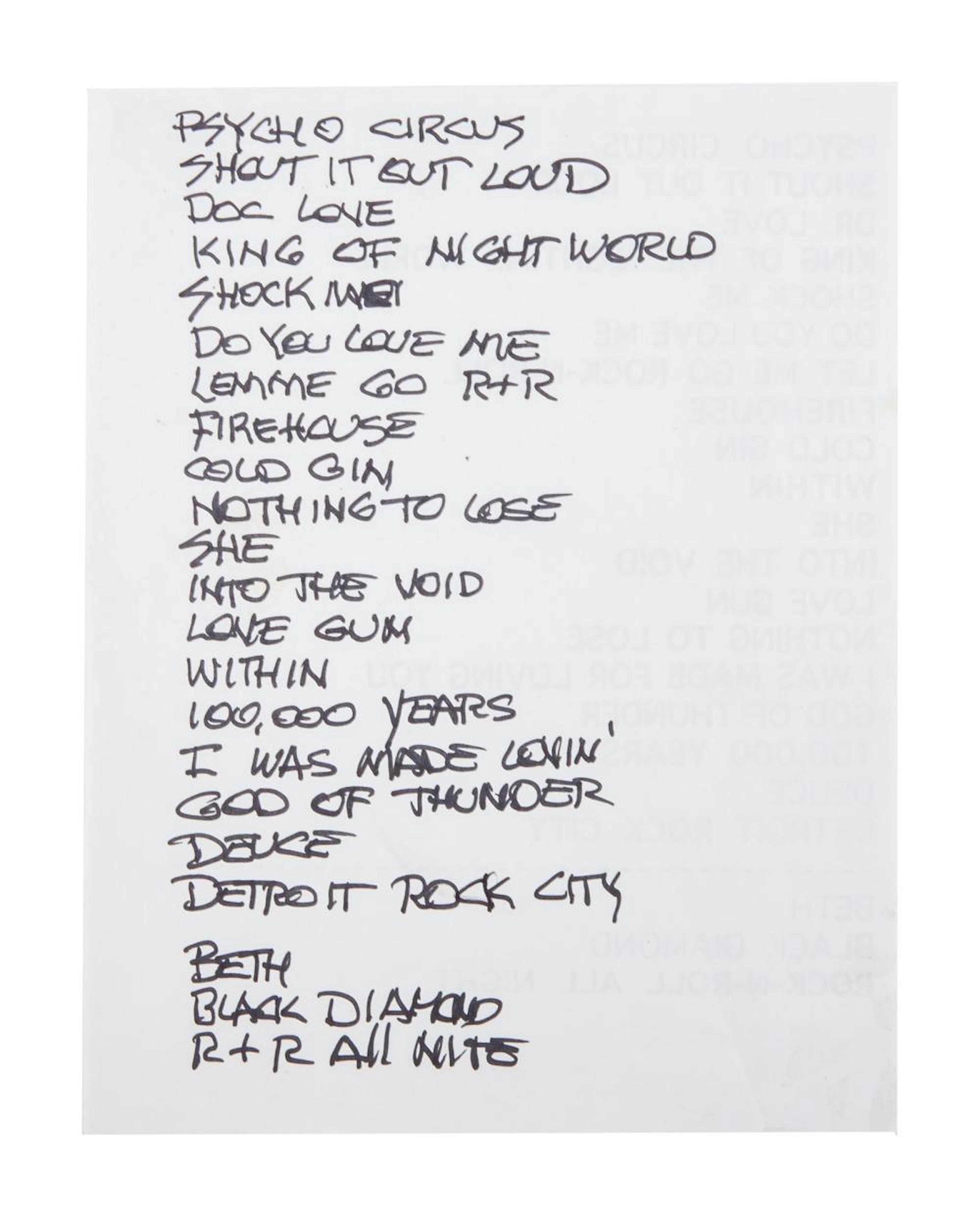 KISS | GENE SIMMONS HANDWRITTEN 1998 HALLOWEEN "PSYCHO CIRCUS" SETLIST