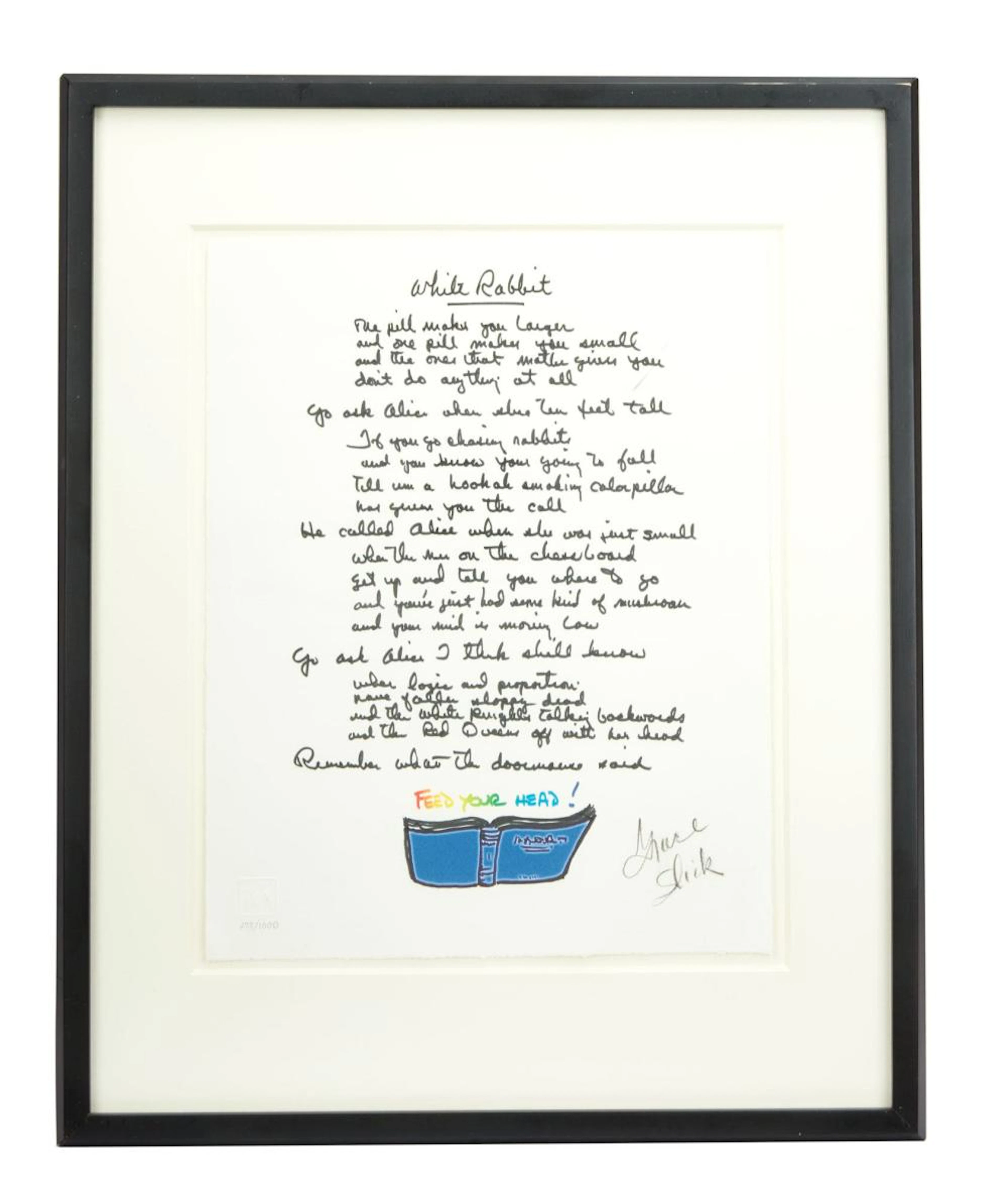 JEFFERSON AIRPLANE | 1999 GRACE SLICK SIGNED "WHITE RABBIT" LYRICS PRINT