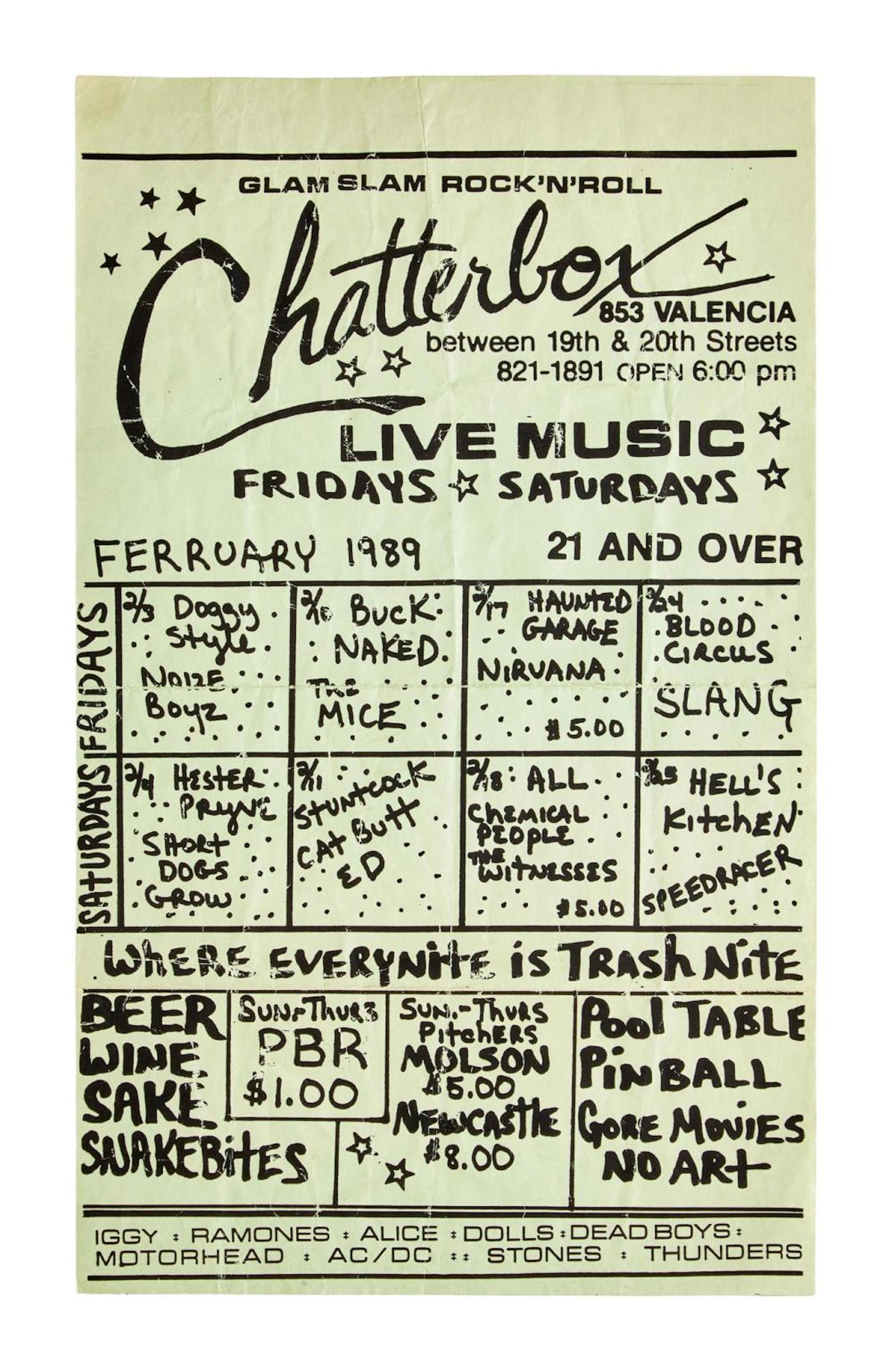 IRVANA | FEBRUARY 1989 CHATTERBOX LIVE MUSIC CALENDAR FLYER