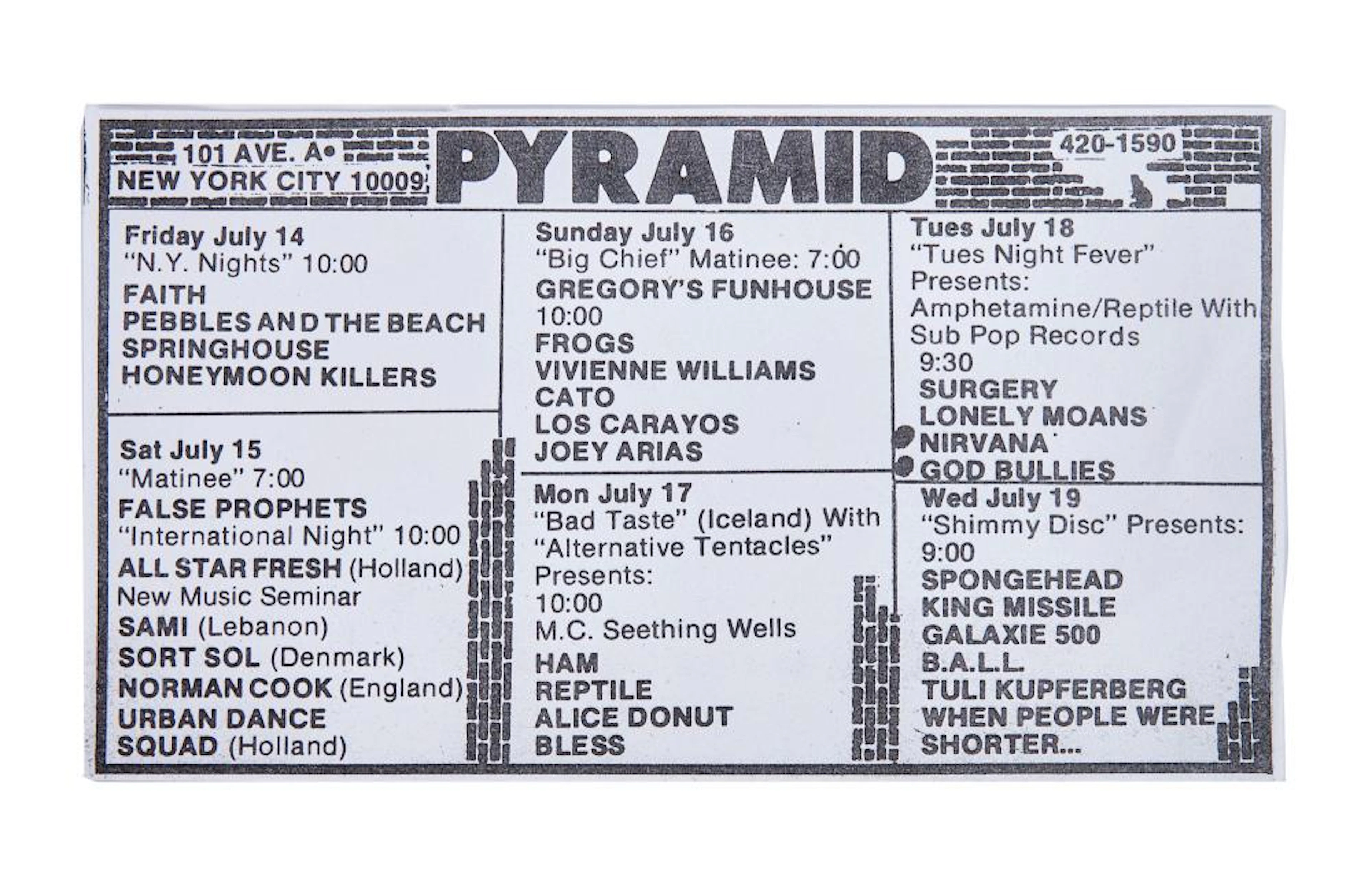 IRVANA | JULY 1989 PYRAMID CLUB LIVE MUSIC CALENDAR FLYER