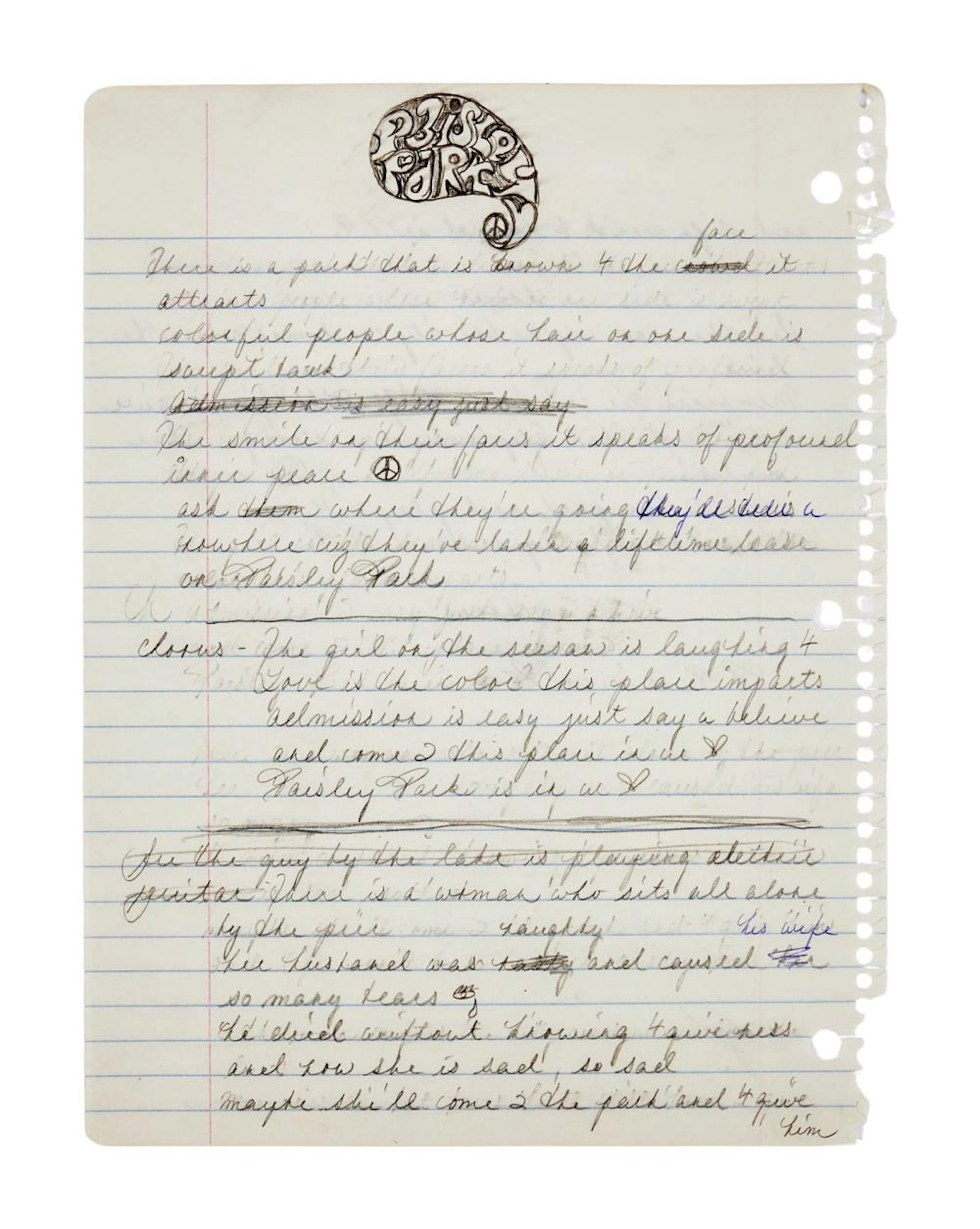PRINCE | HANDWRITTEN AND ANNOTATED "PAISLEY PARK" LYRICS
