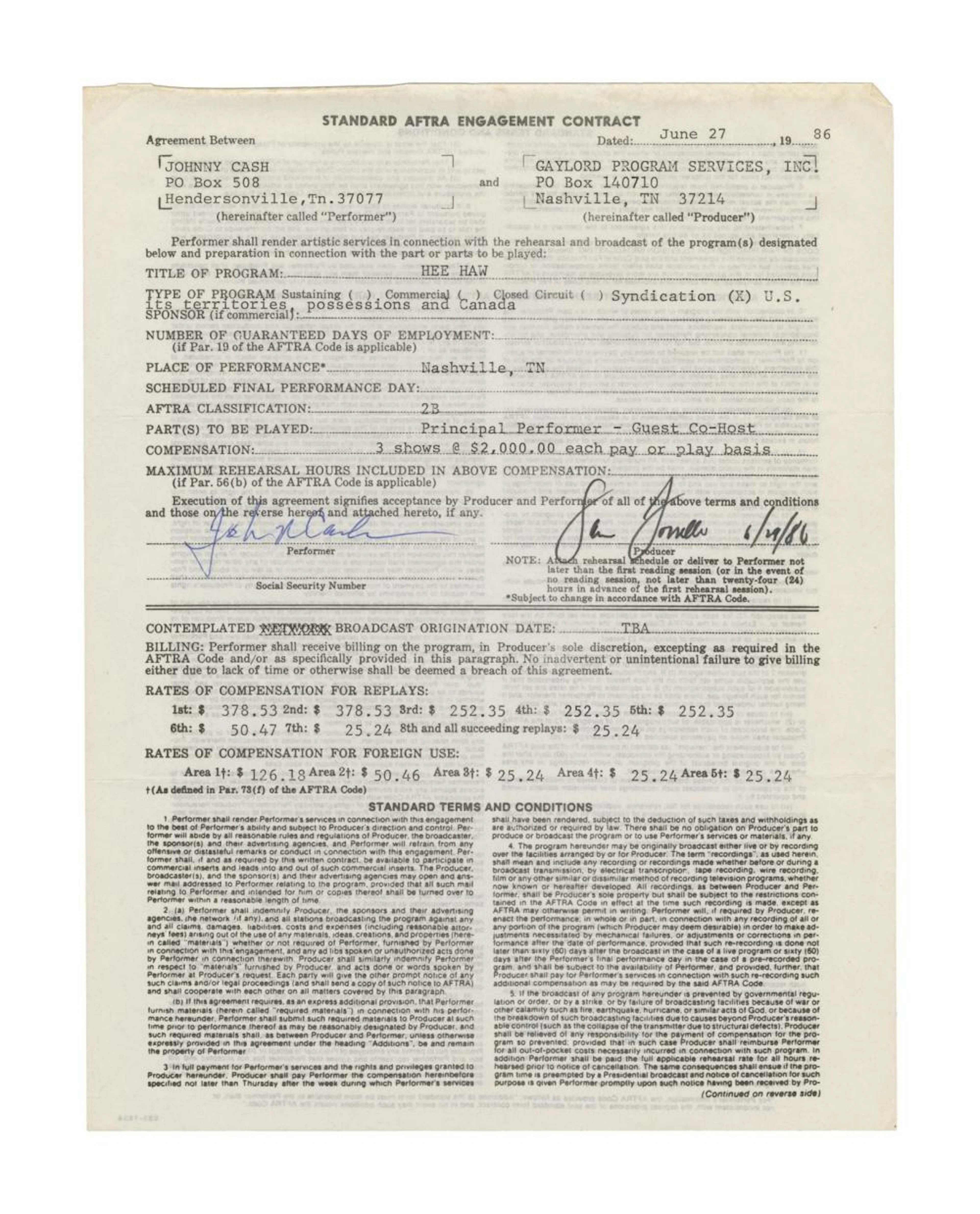JOHNNY CASH | AND JUNE CARTER CASH SIGNED 1986 "HEE HAW" CONTRACTS