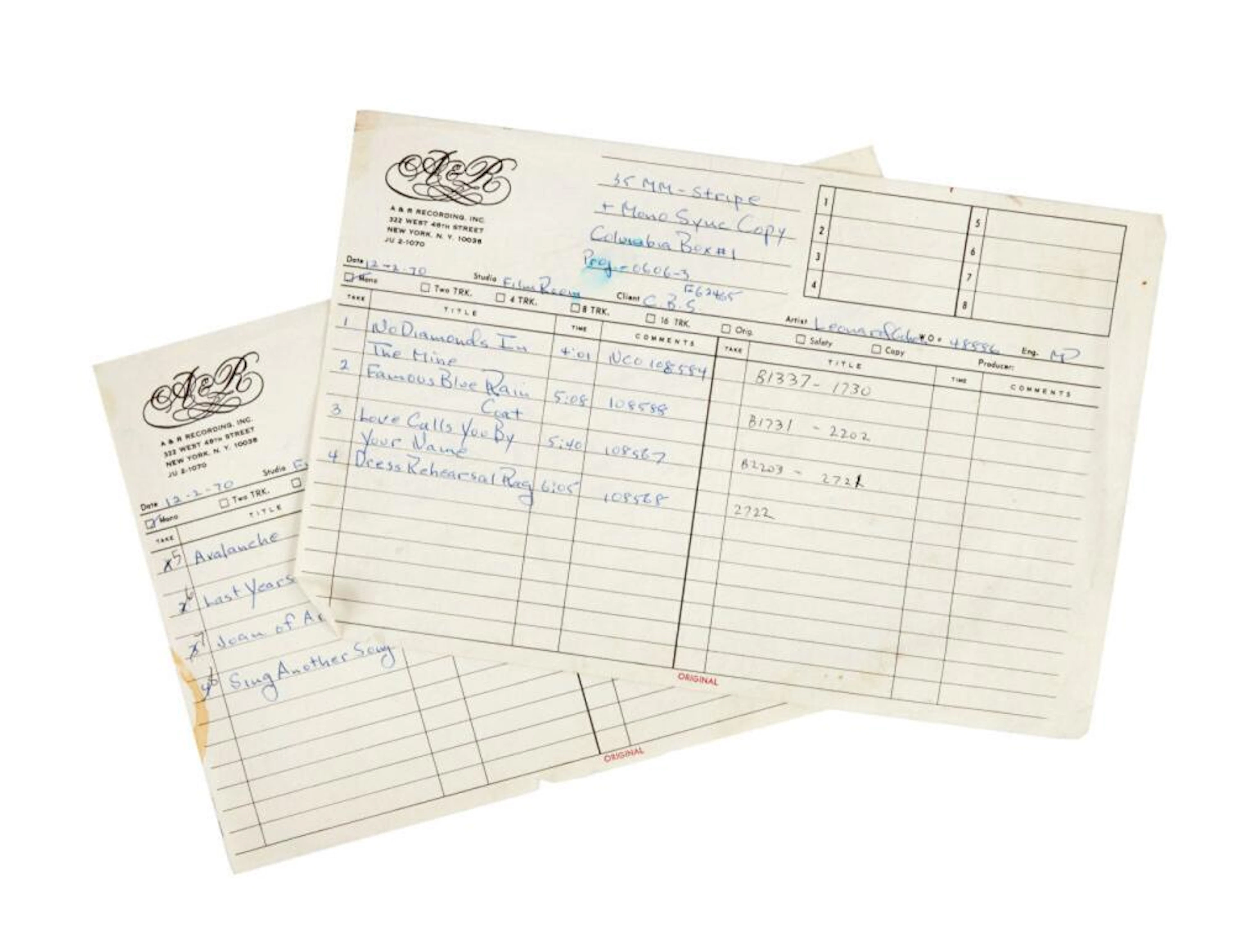 DENNIS HOPPER | LEONARD COHEN "SONGS OF LOVE AND HATE" RECORDING RECEIPTS