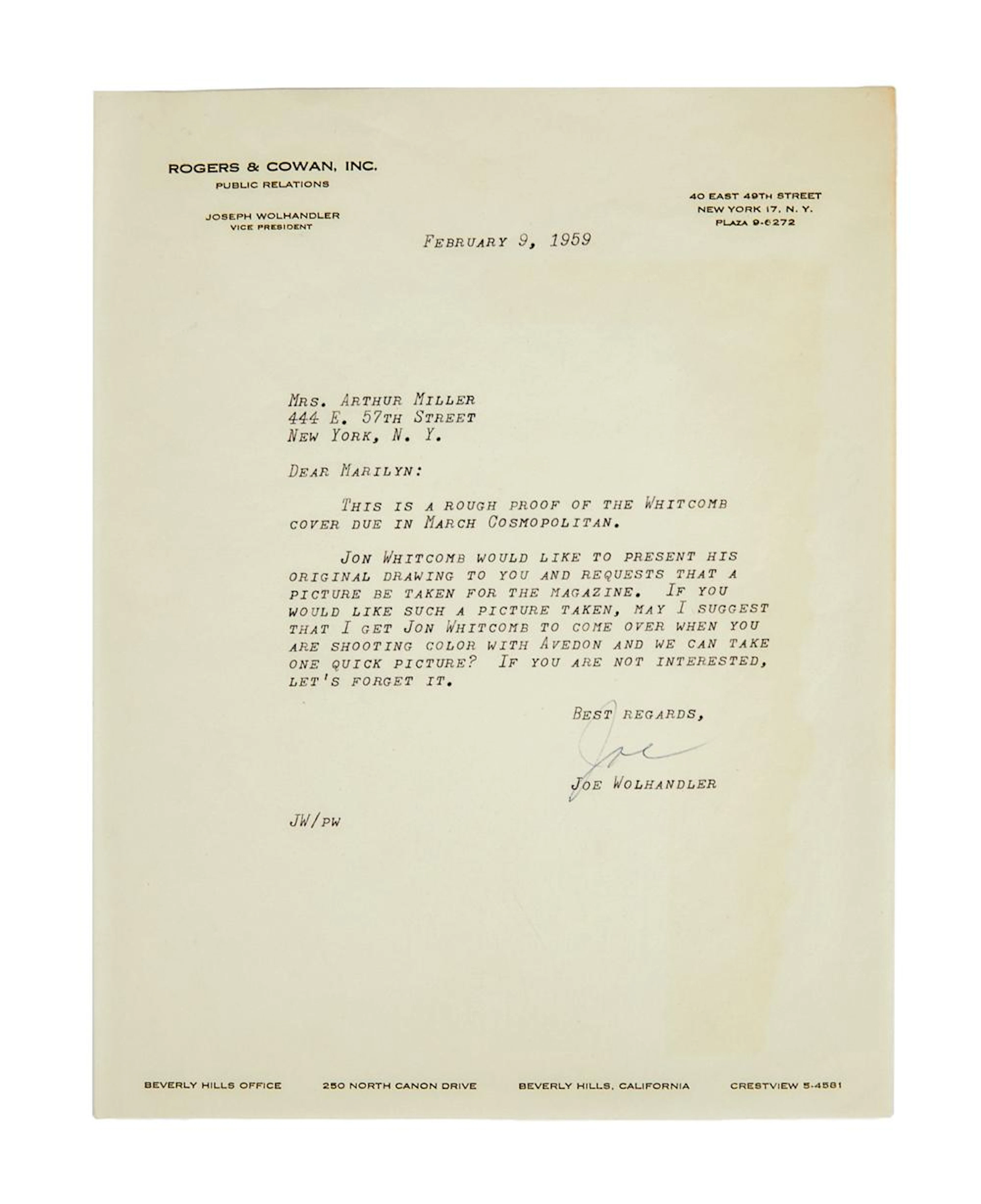Marilyn Monroe | Received 1959 Letter From Publicist