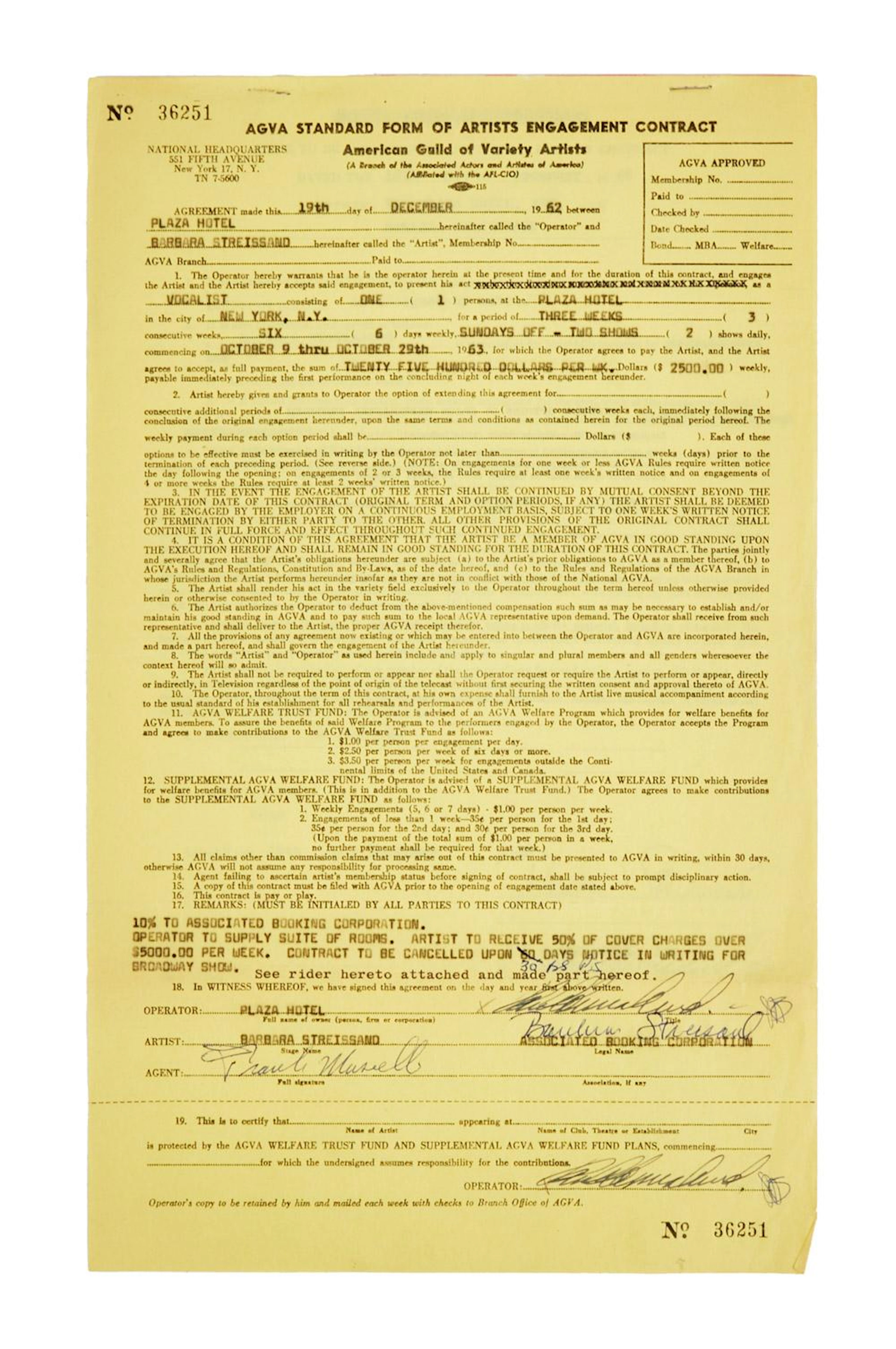 Barbra Streisand | Early Signed Contract and Rider