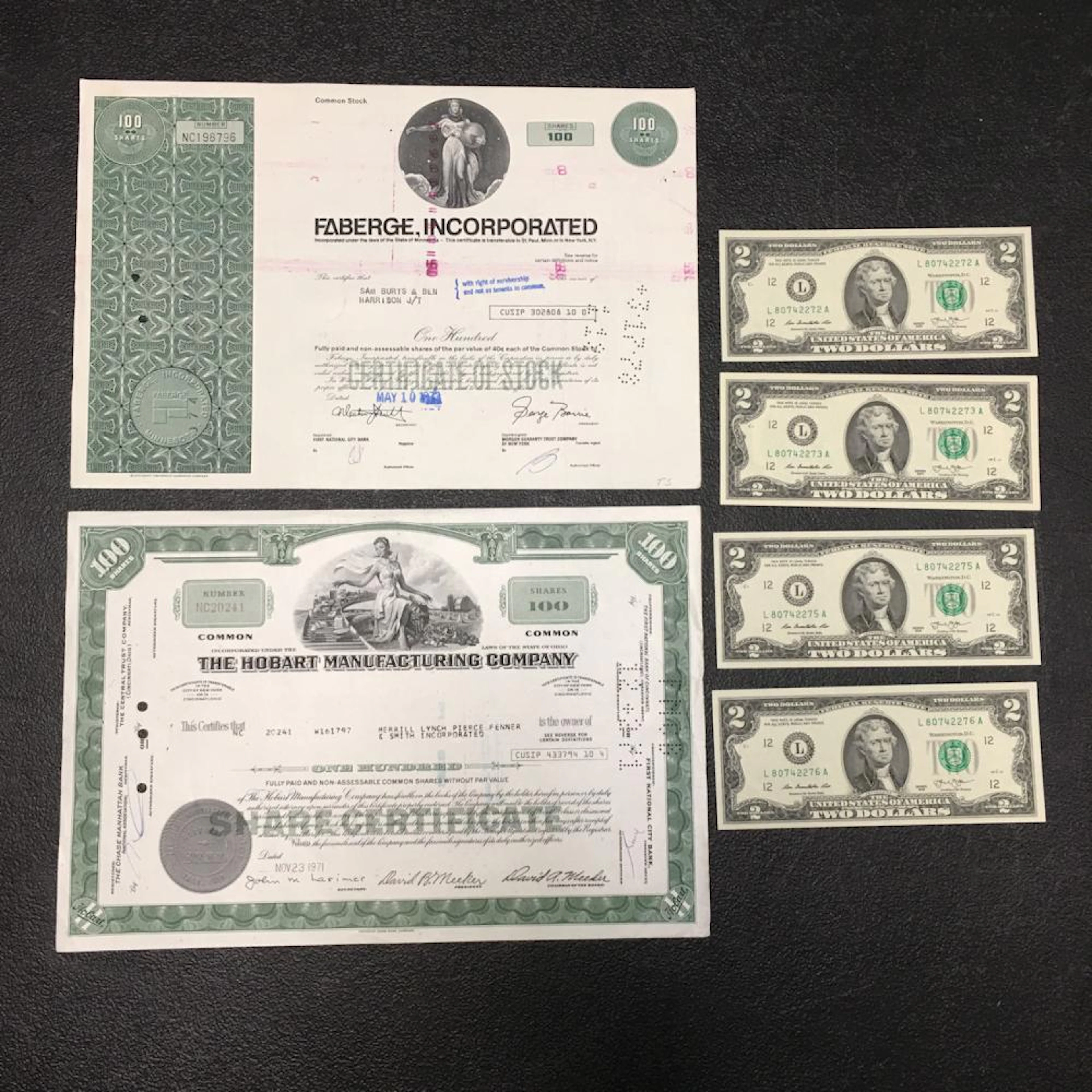 5 $2 Consecutive Bills And Stock Documents