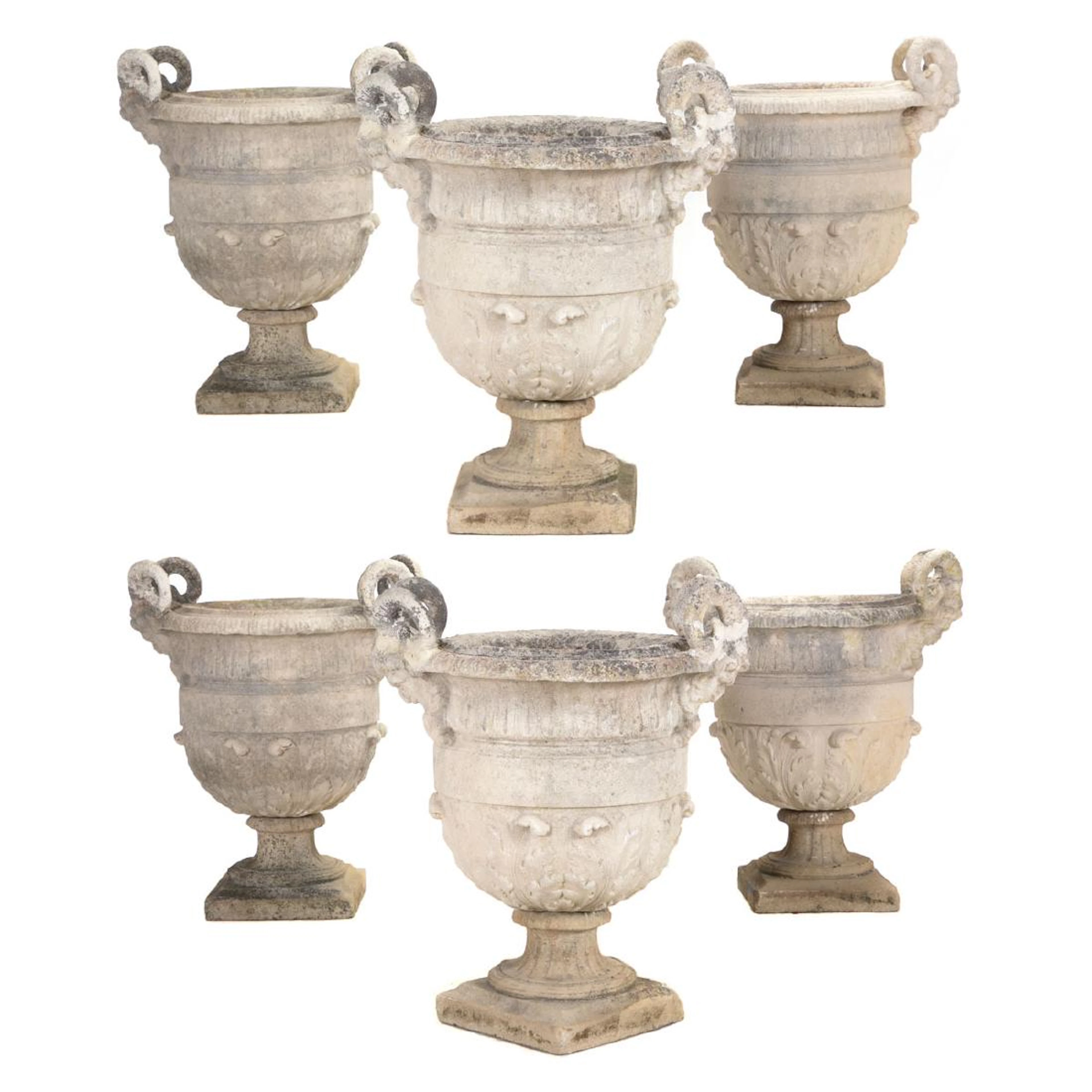 Set of Six Louis XIV Style Cast Stone Garden Urns.