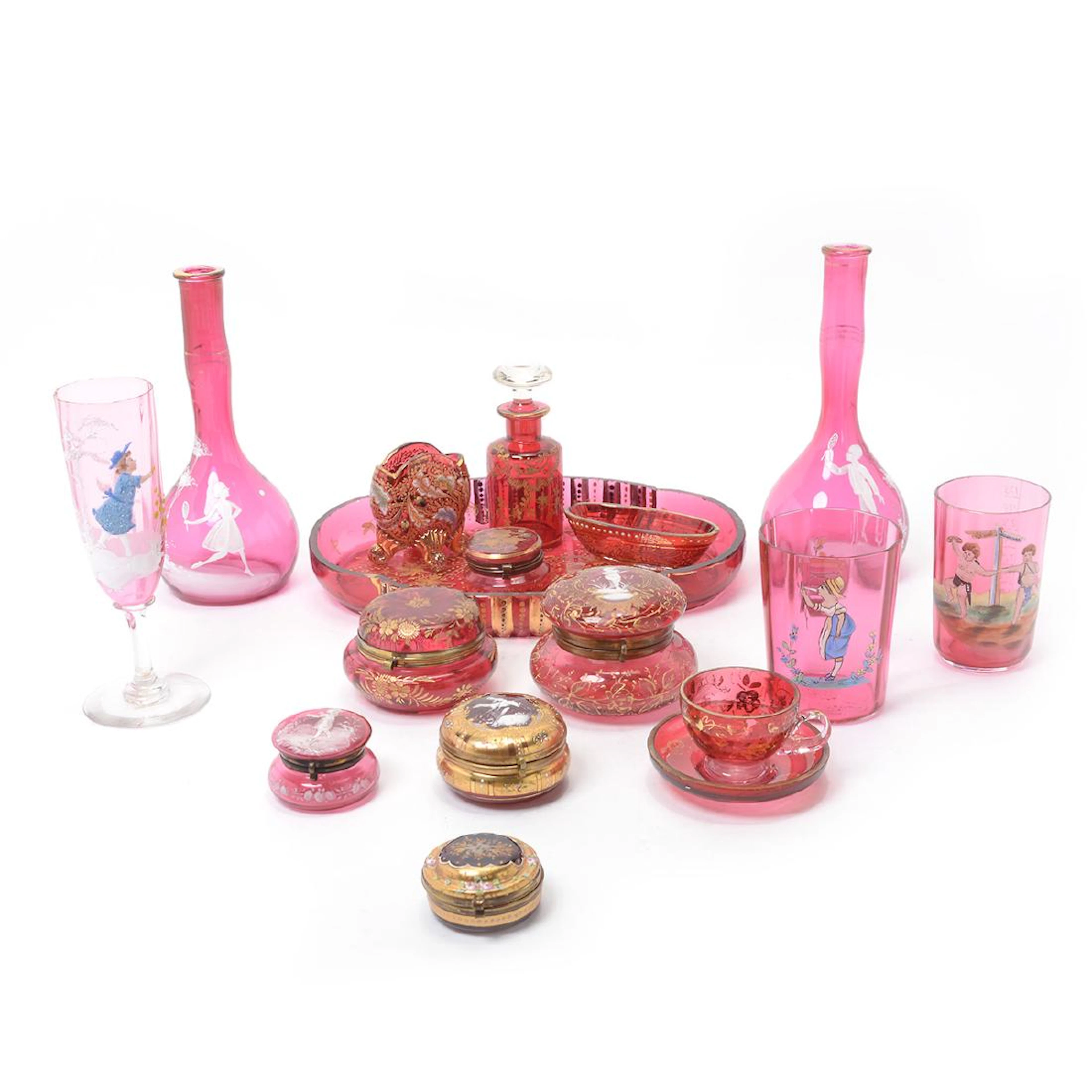 Group of Cranberry Glass, Including Small Metal Mounted