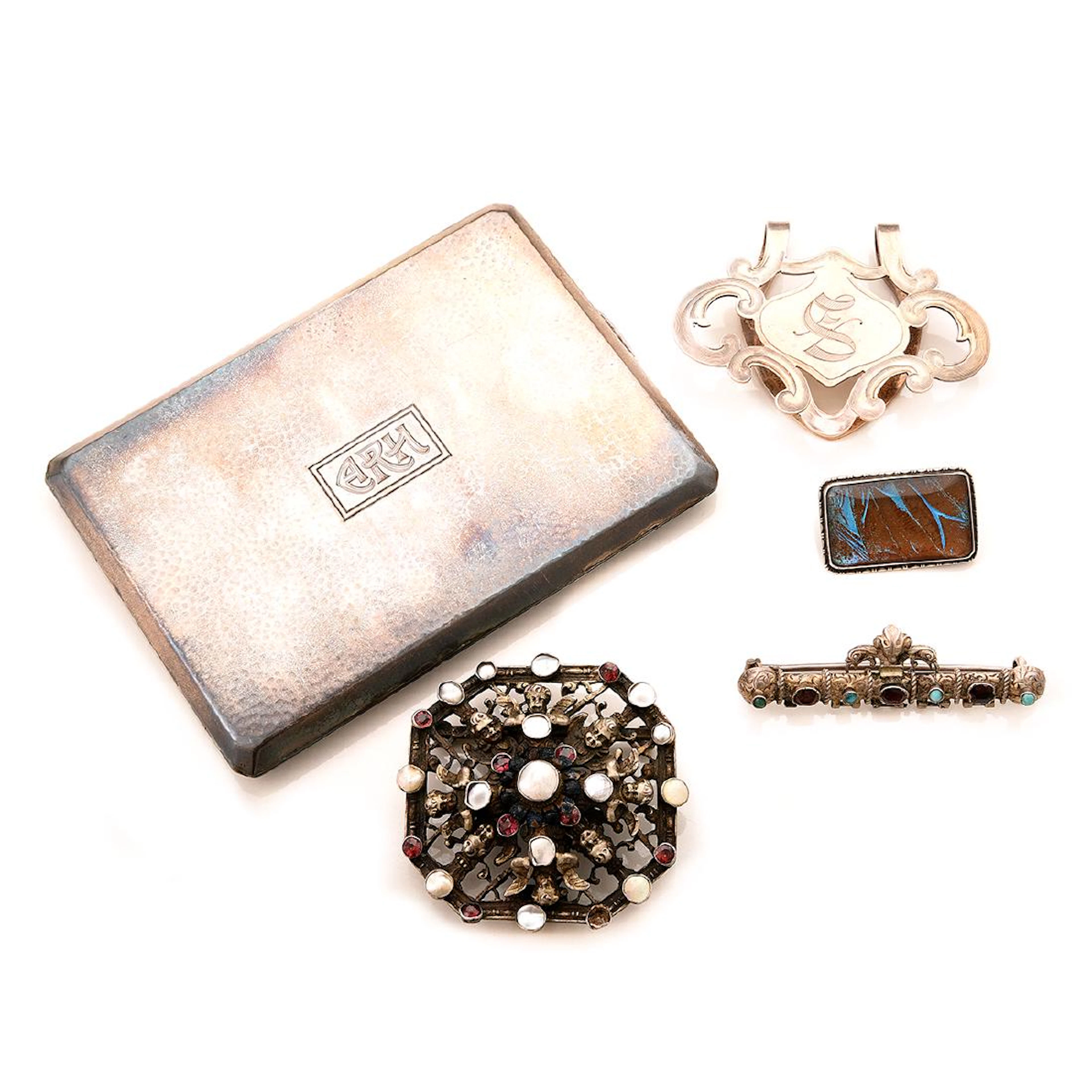 Collection of Five European Multi-Stone, Silver Items.