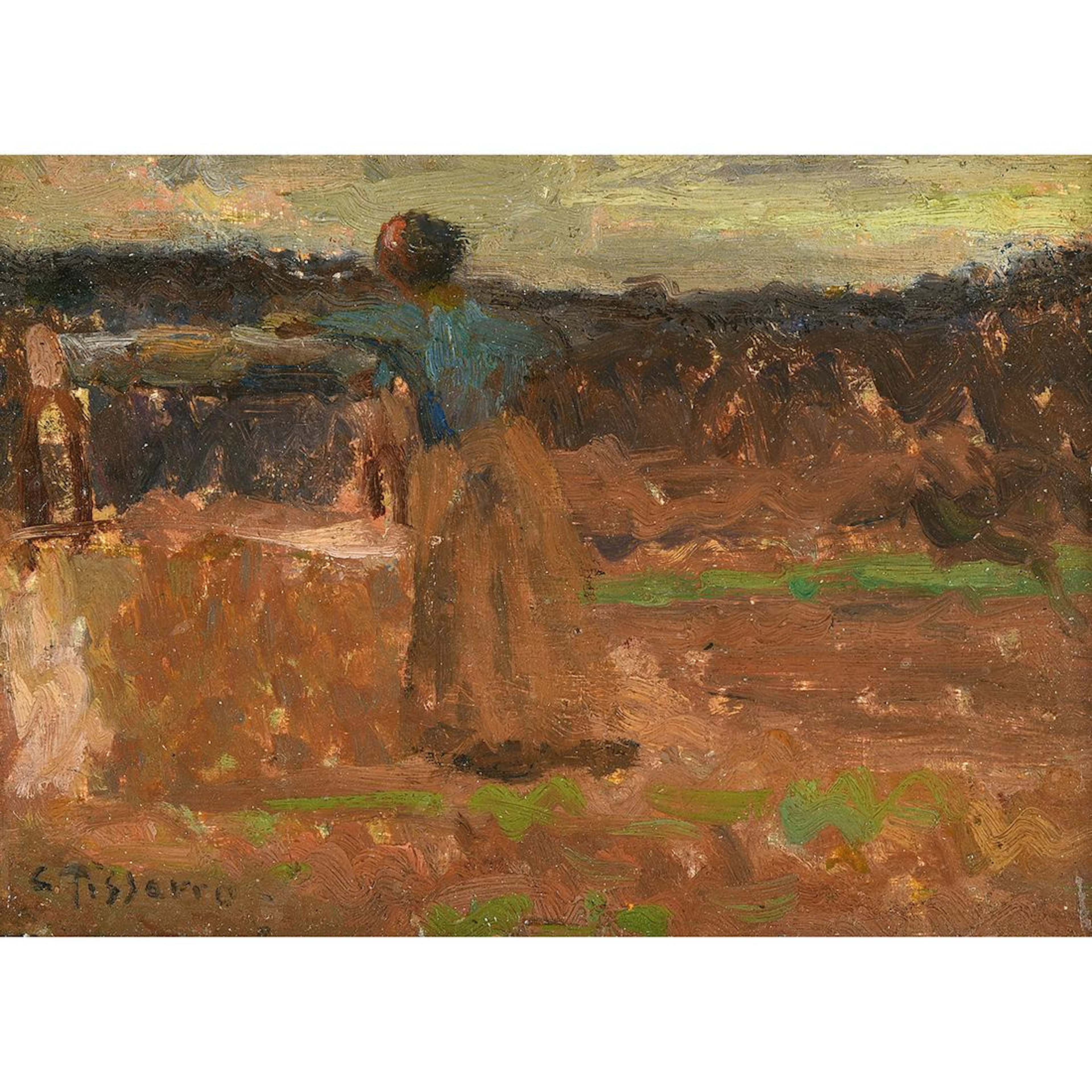 After Camille Pissaro "Figure in a Field" oil on board