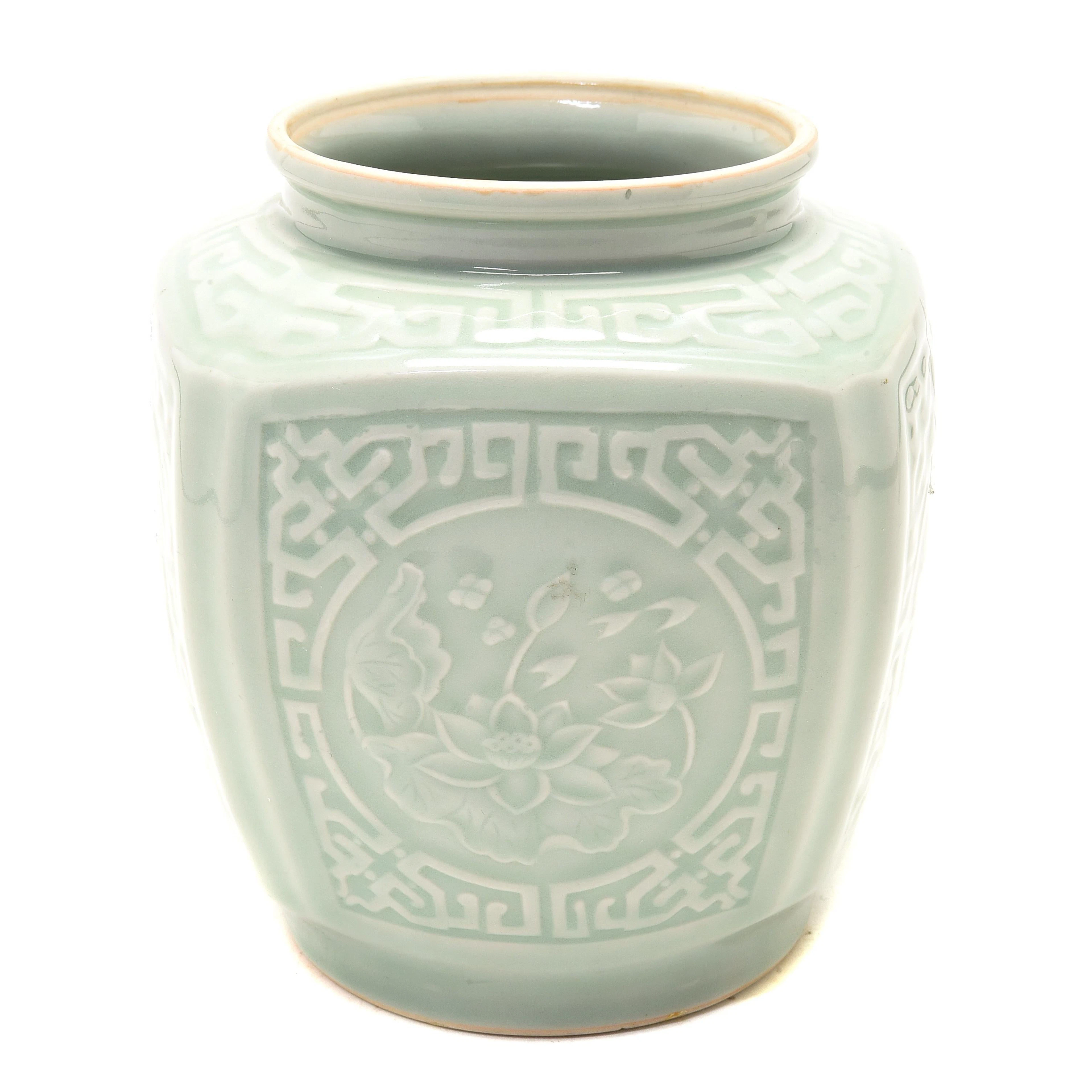 Chinese Celadon Glaze Molded Floral Jar
