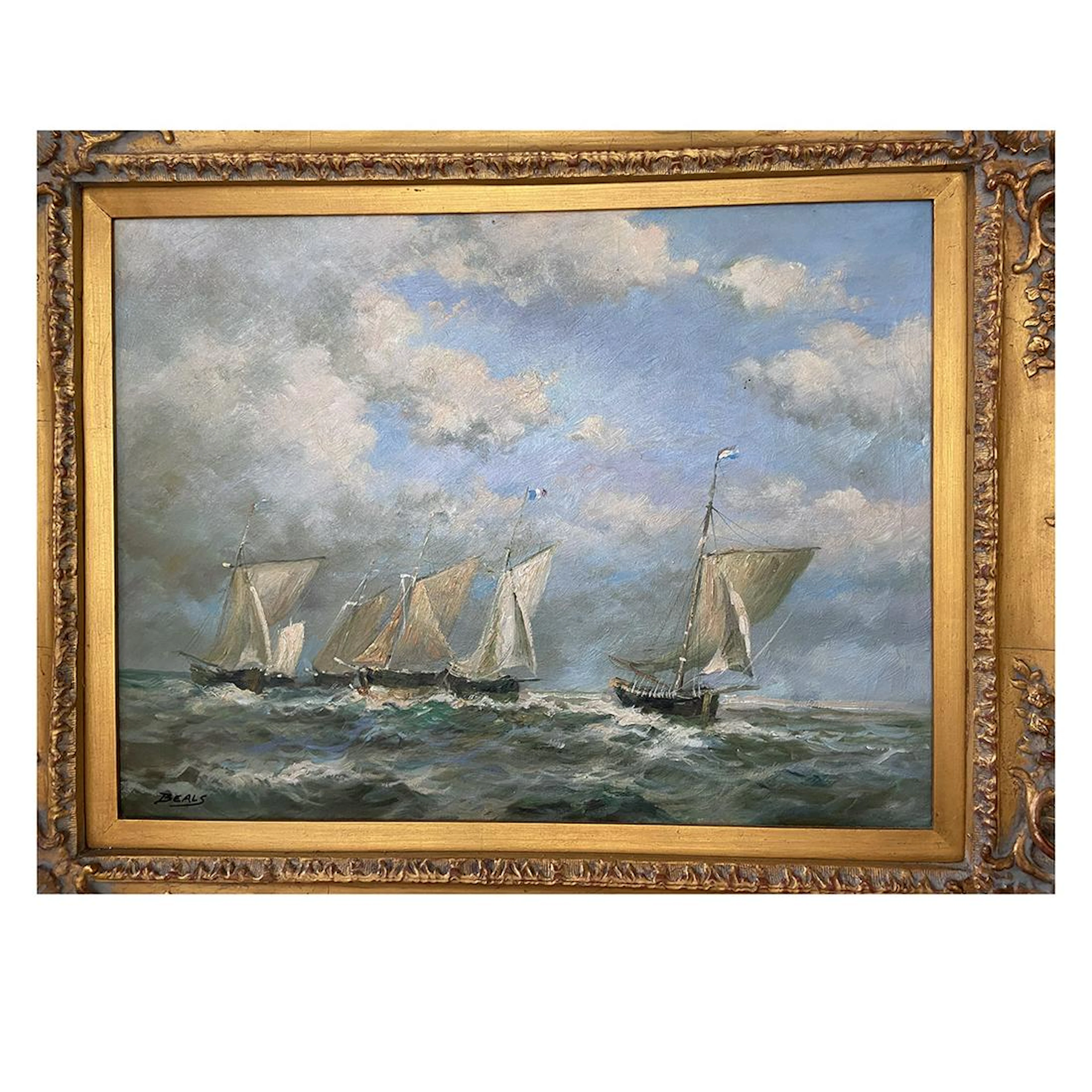 Framed Oil on Canvas, French Sailboats at Sea, Signed