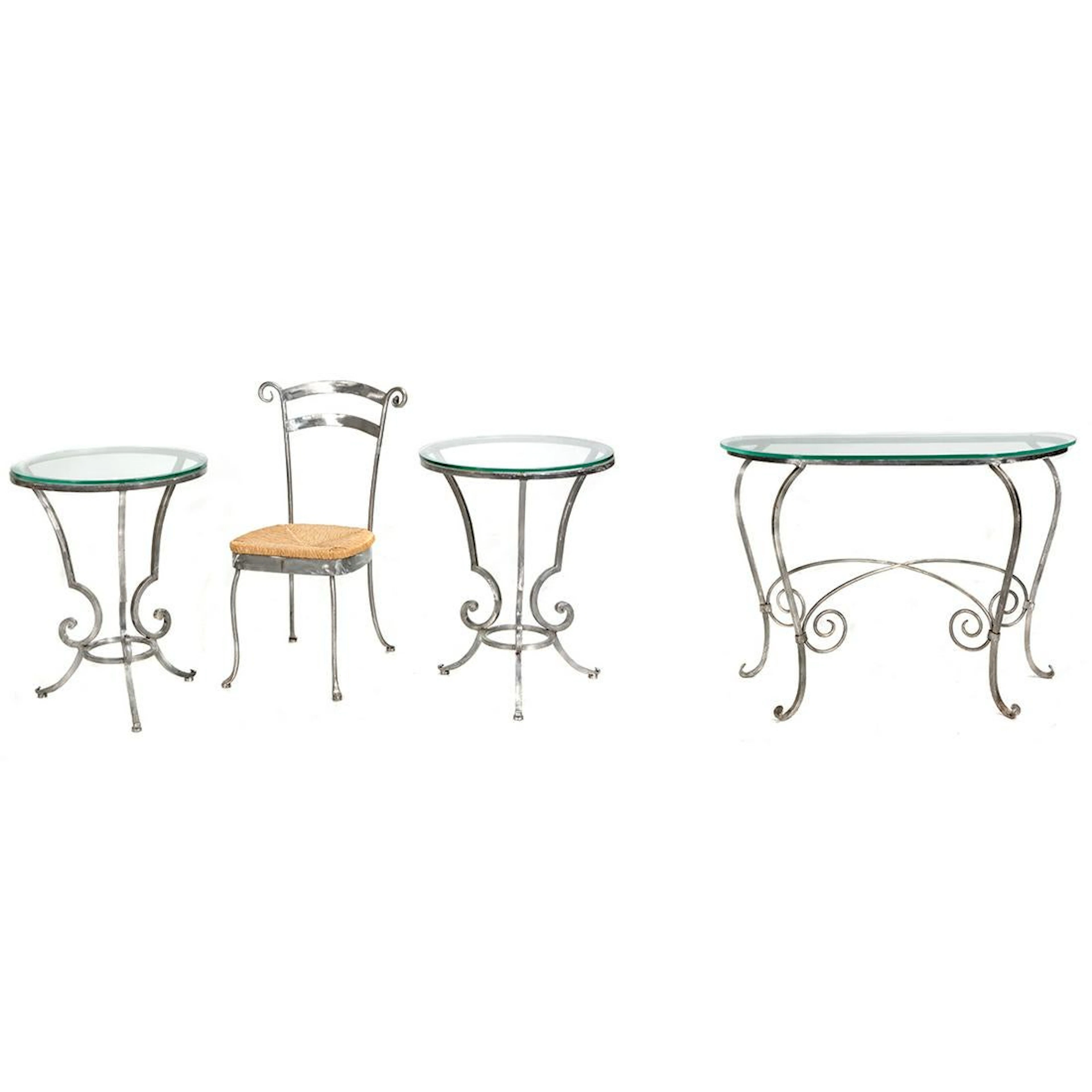 Jansen Style Brushed Stainless Steel and Glass Suite of
