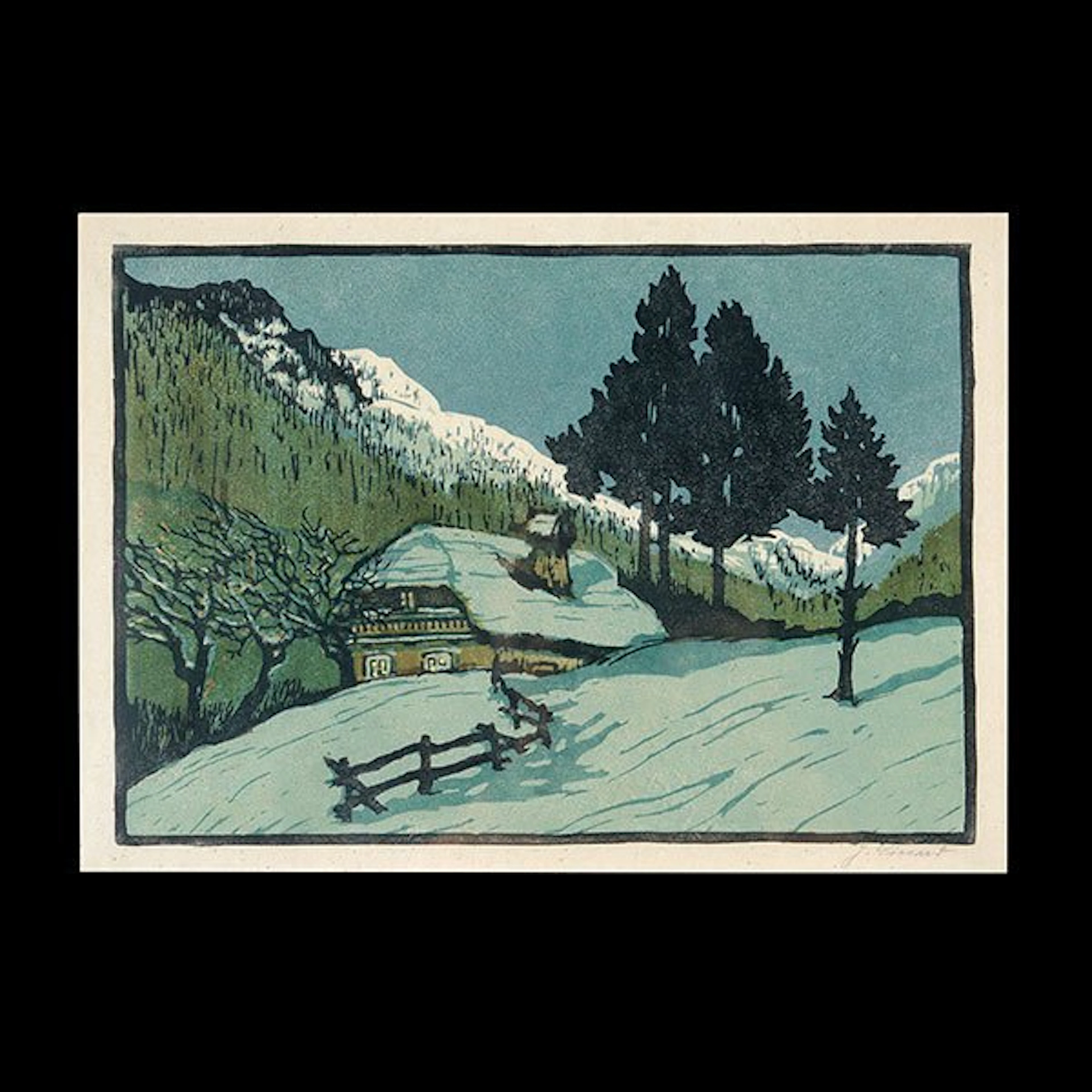 Framed Color Woodcut, "House in the Tyrol," Signed