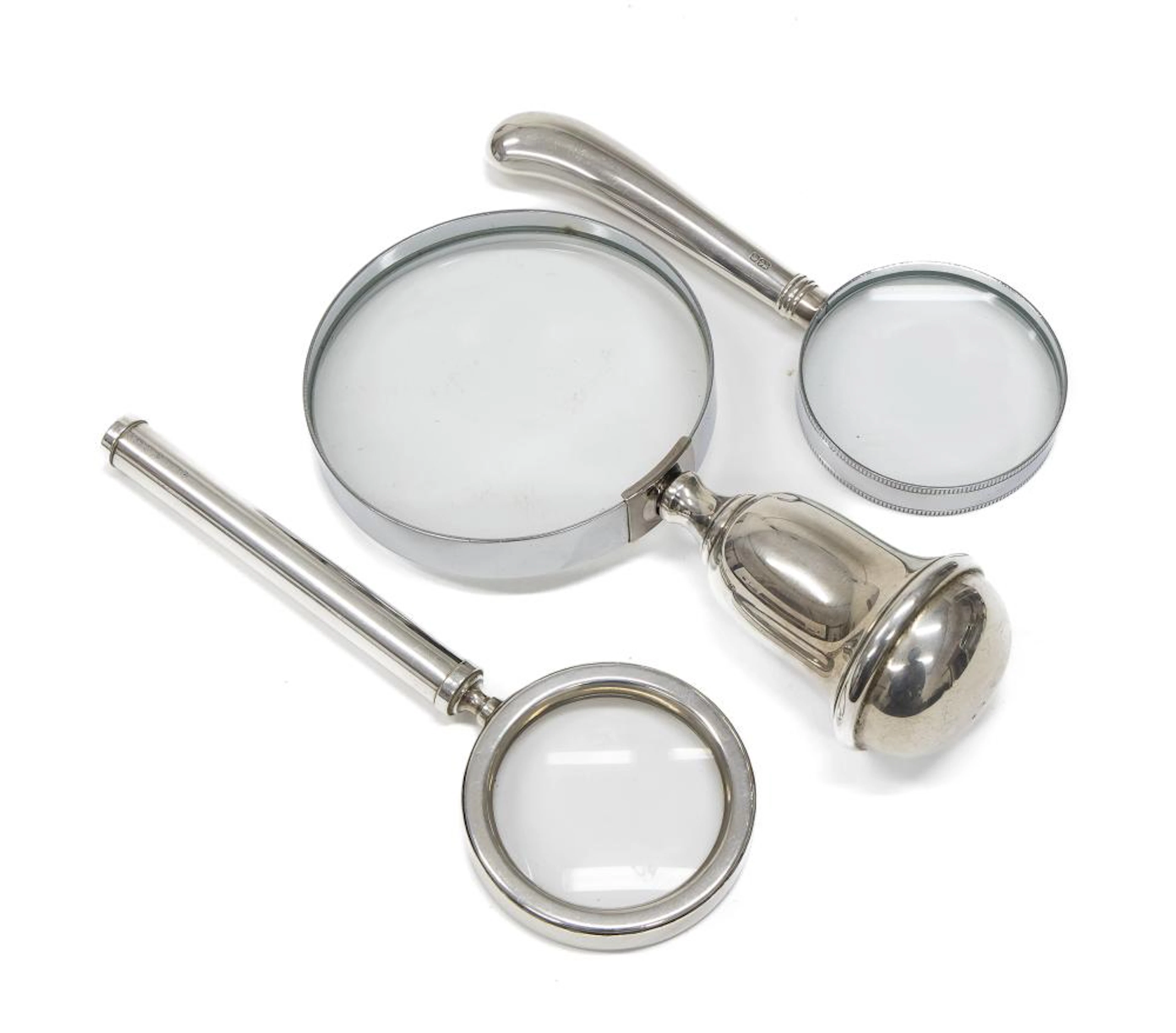 THREE SILVER MAGNIFYING GLASSES, POST 2000 ENGLAND