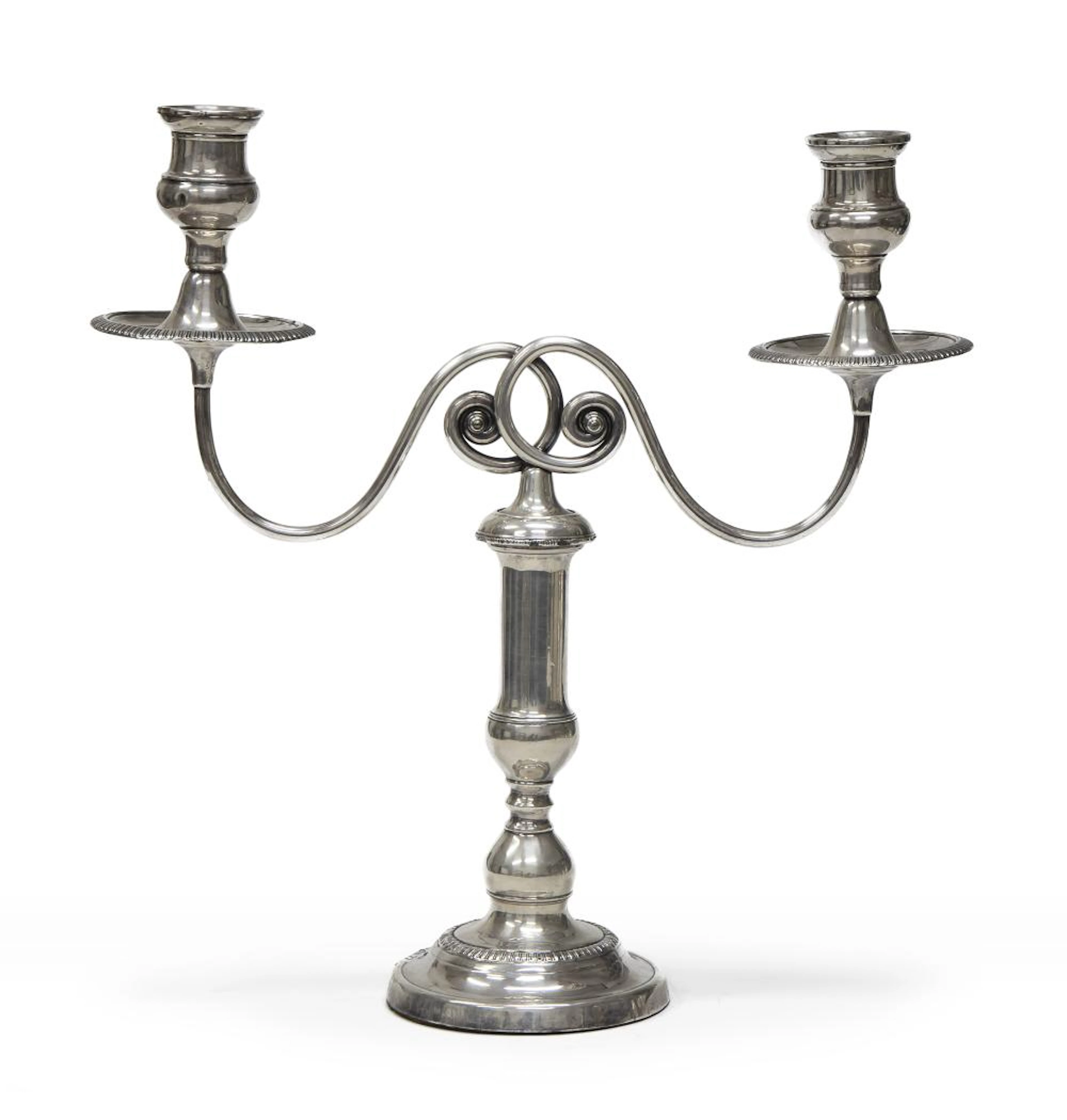 SILVER-PLATED TWO-BRANCHED CANDLESTICK, ENGLAND EARLY 20TH CENTURY