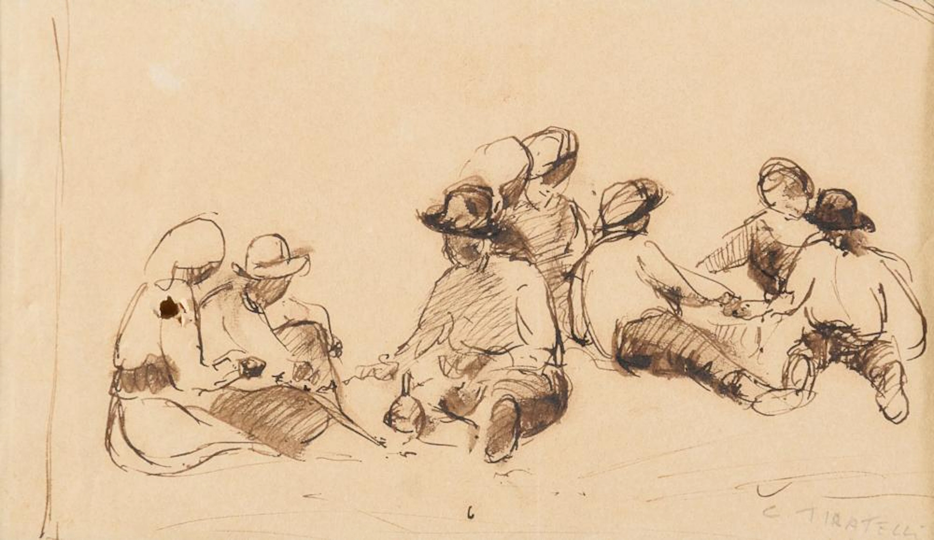INK DRAWING OF FARMERS BY CESARE TIRATELLI