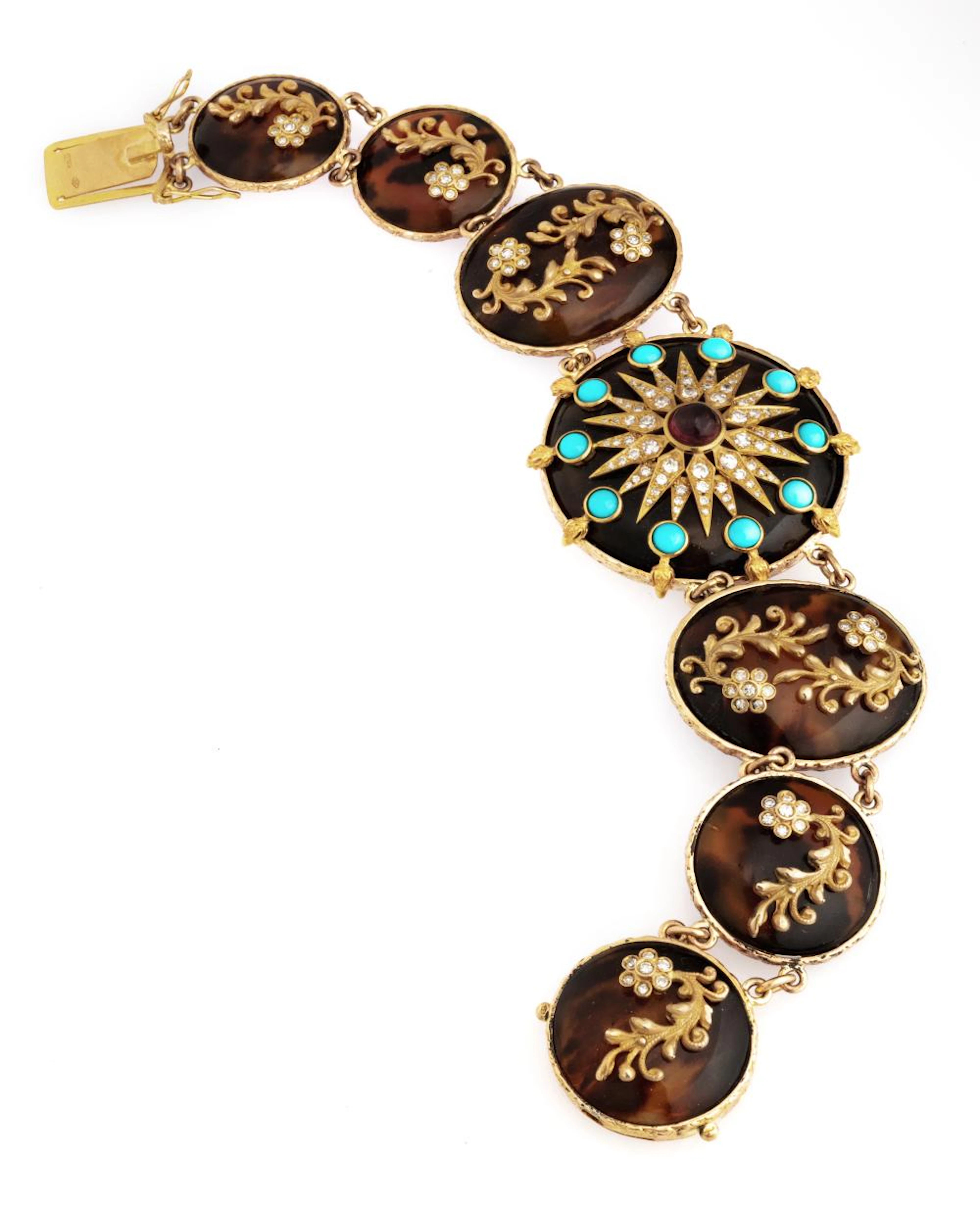 GOLD BRACELET WITH TURTLE, TURQUOISE, RUBY AND DIAMONDS