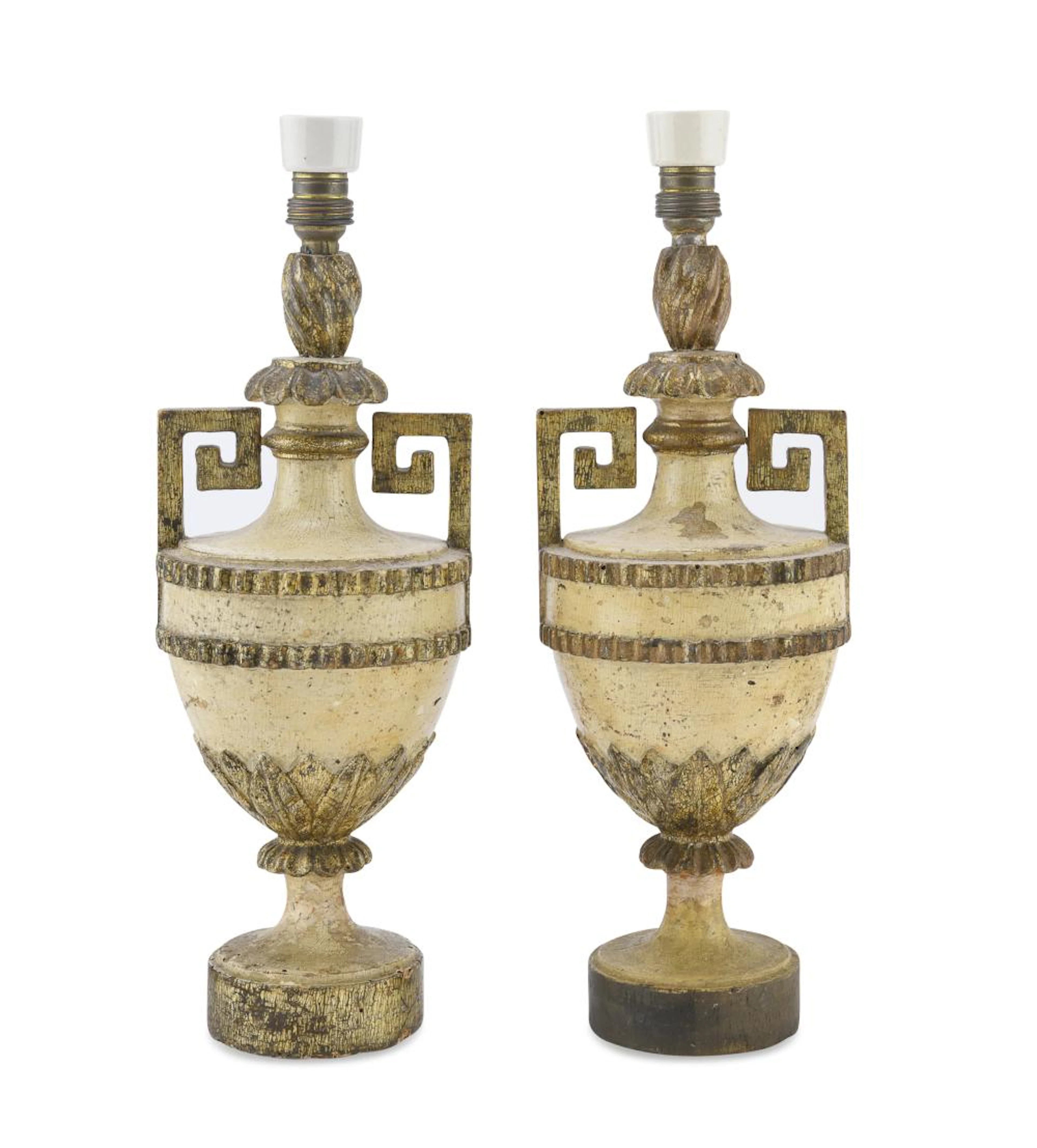 PAIR OF LACQUERED WOOD BALUSTERS ADAPTED TO LAMPS, NAPLES, EARLY 19TH CENTURY