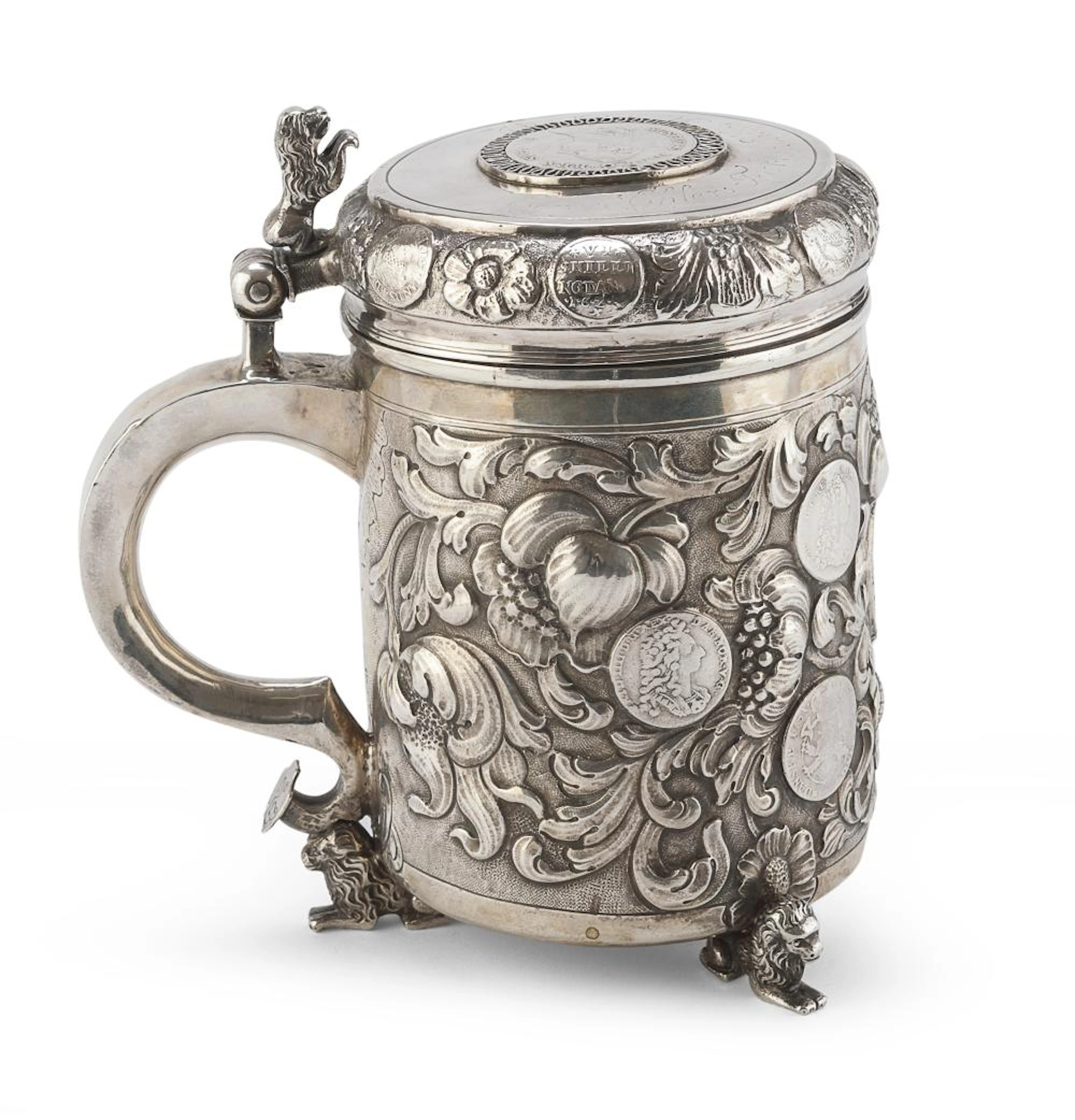 BIG SILVER TANKARD WITH COINS DENMARK 1770/1790