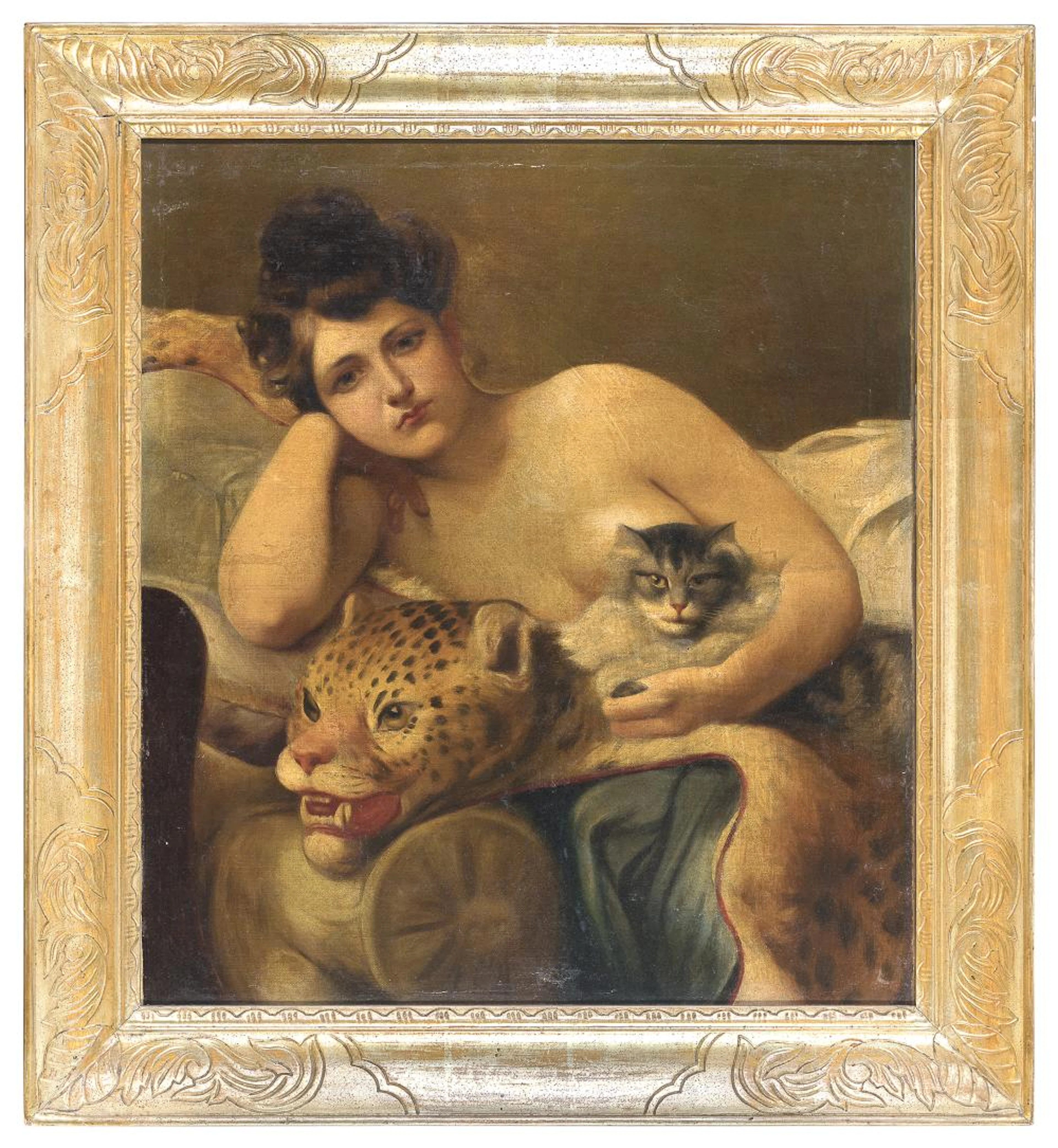 OIL PAINTING OF A GIRL ON SOFÁ WITH LEOPARD SKIN LATE 19TH CENTURY