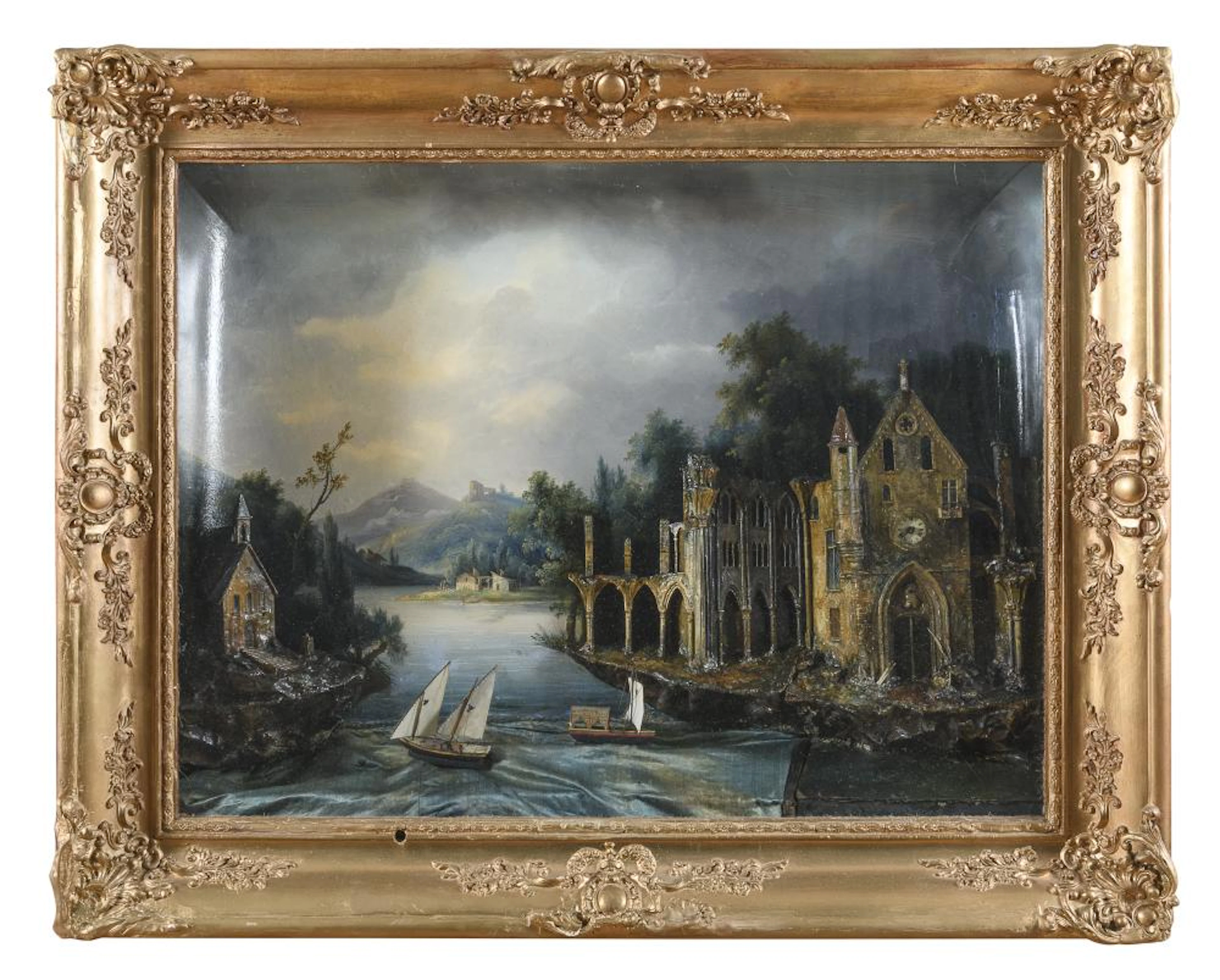 PAINTING WITH AUTOMATON AND CLOCK, FRENCH MANUFACTURED 19TH CENTURY