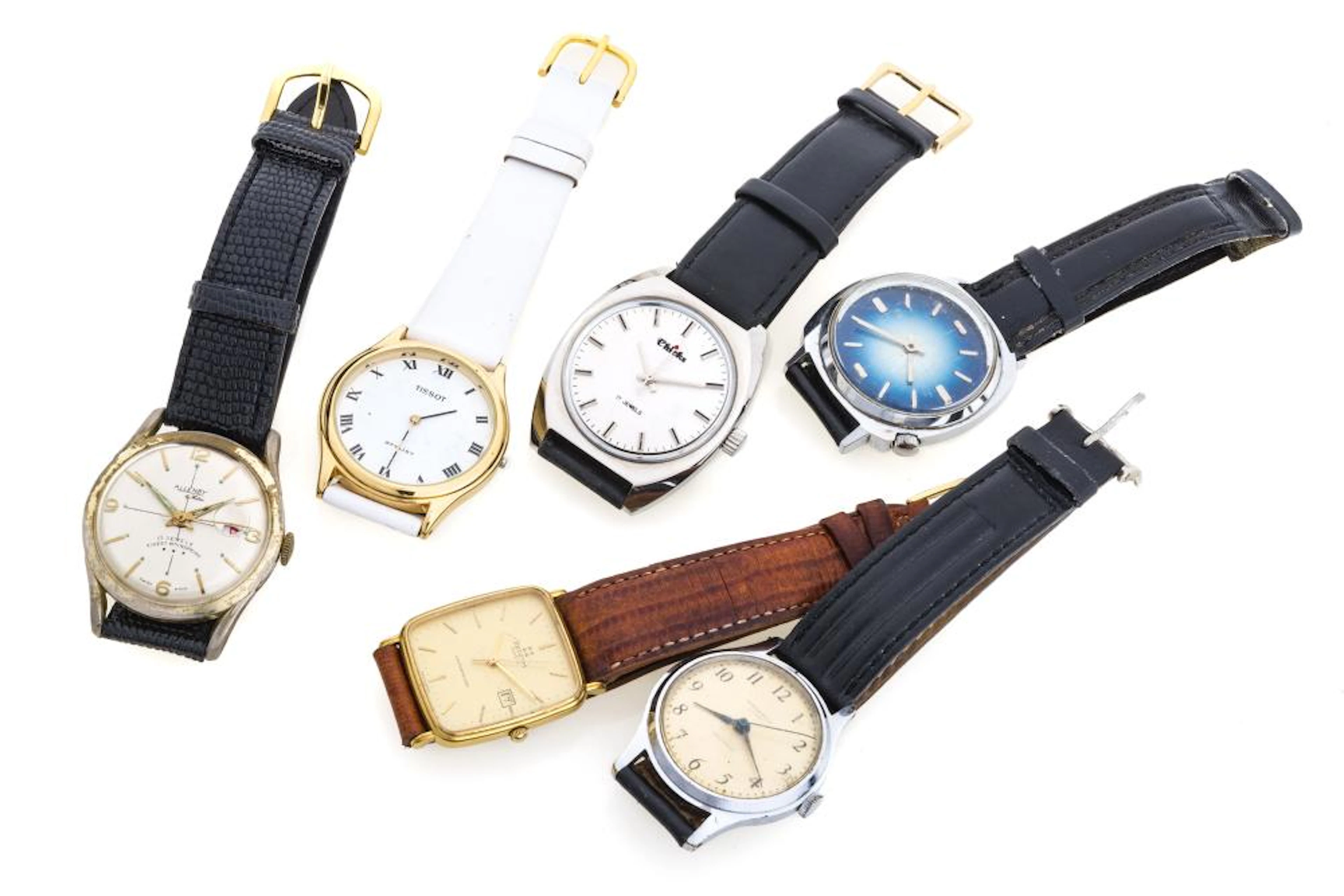 SIX WRIST WATCHES BRAND TISSOT - ALLEMBY - ZENITH - INGERSOL - CHICS AND GENOA