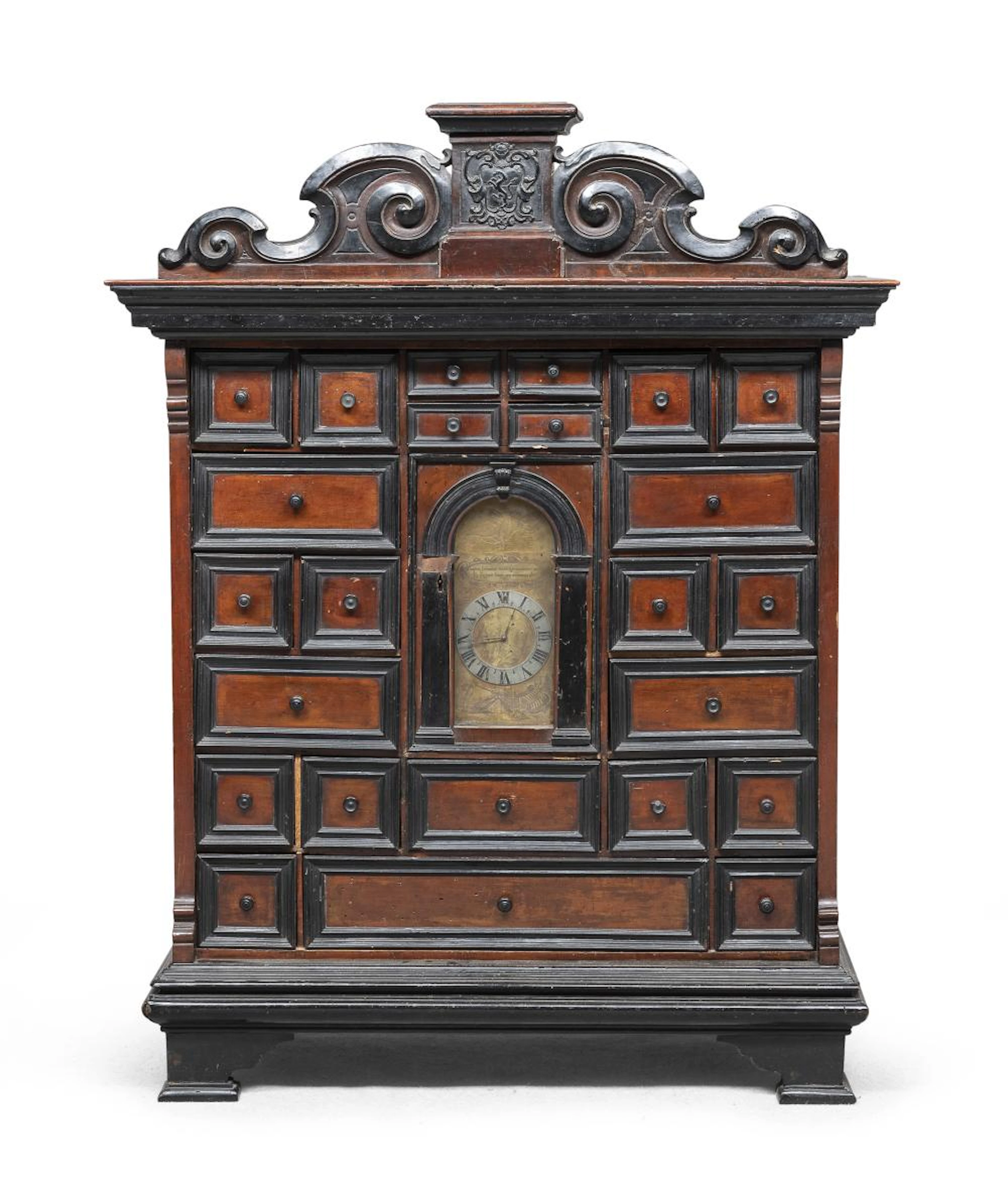 RARE WALNUT COIN CABINET WITH CLOCK, PROBABLY ROME, 18TH CENTURY